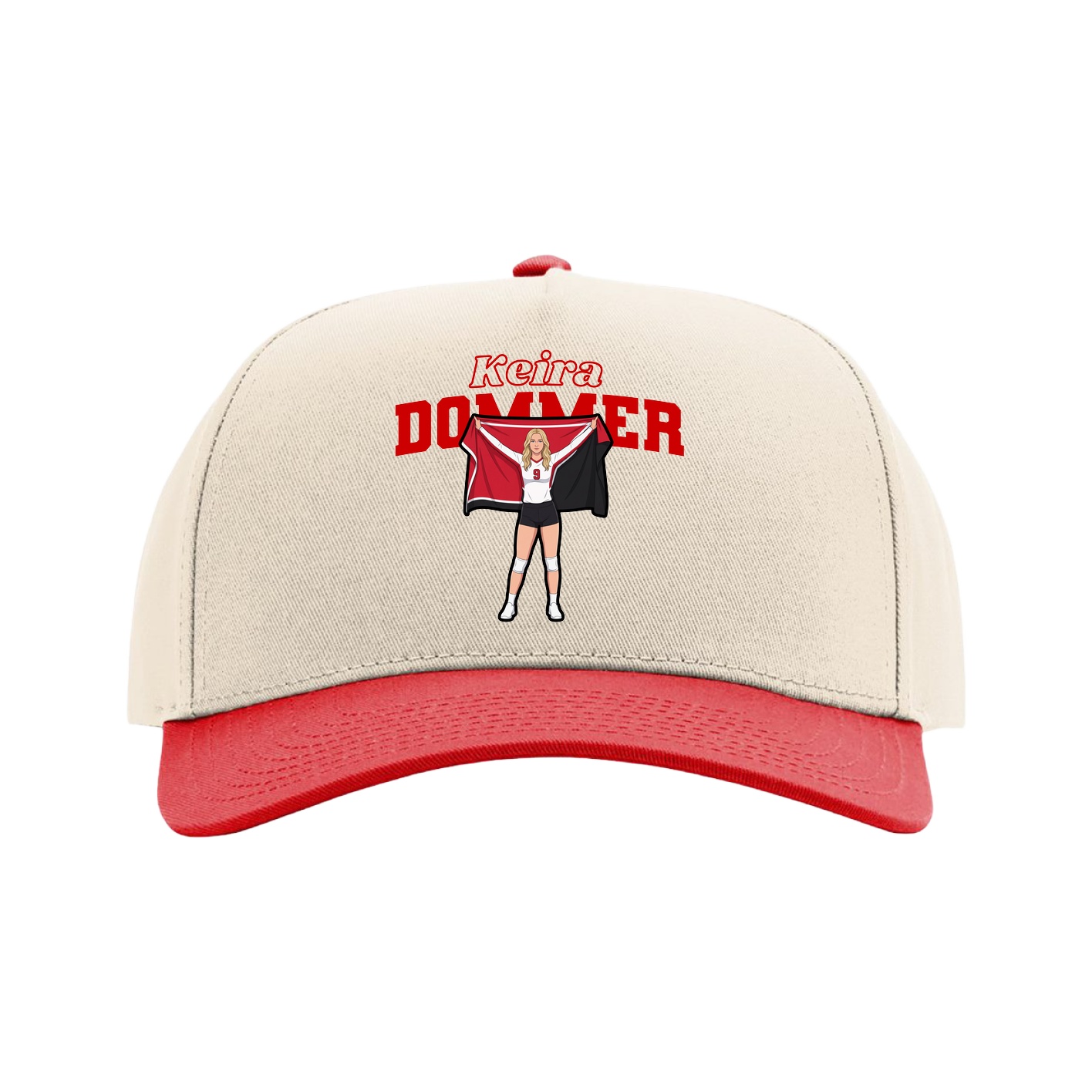 Full Fabric Five-Panel Champ Cap — Name Arch in Cream/Red