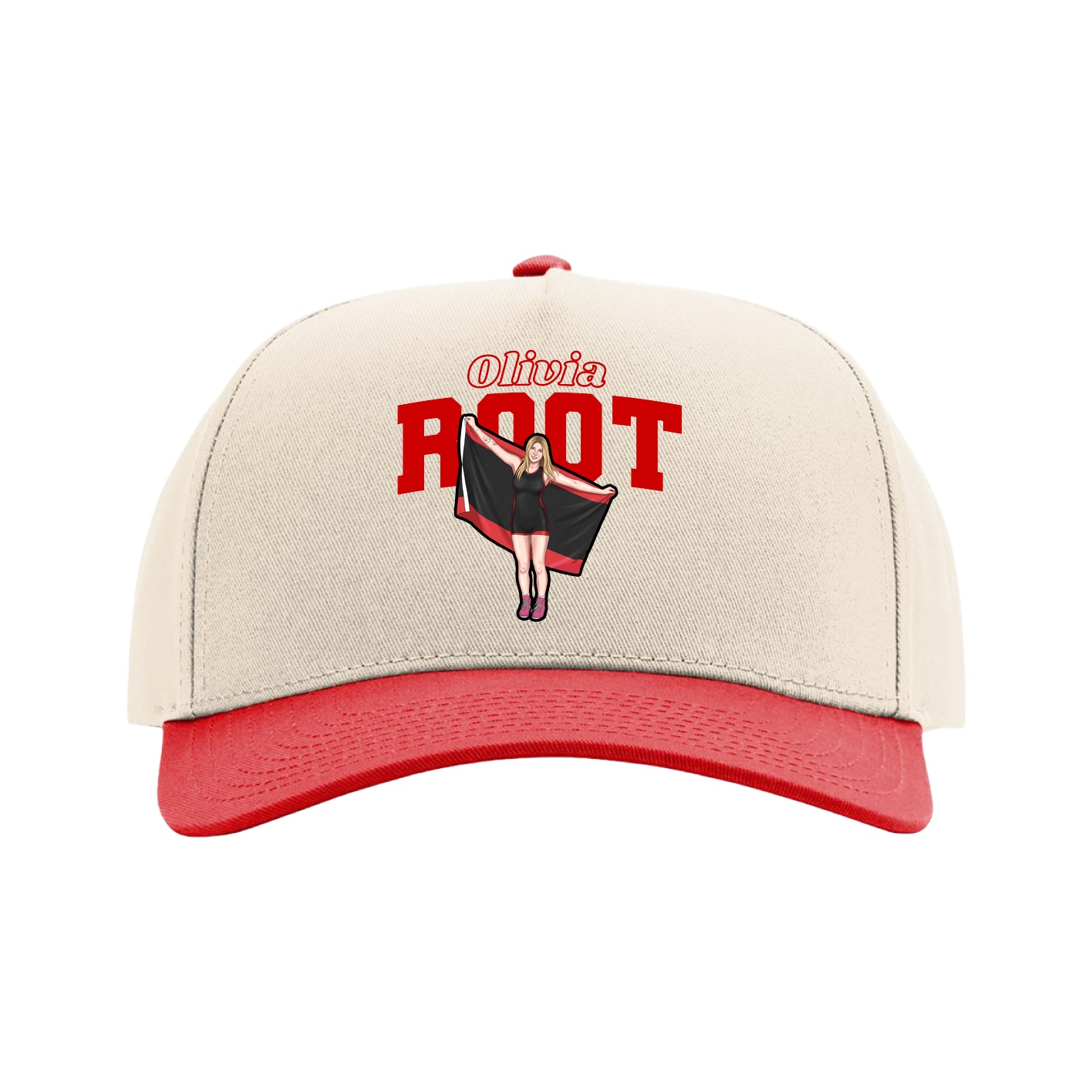 Full Fabric Five-Panel Champ Cap — Name Arch in Cream/Red