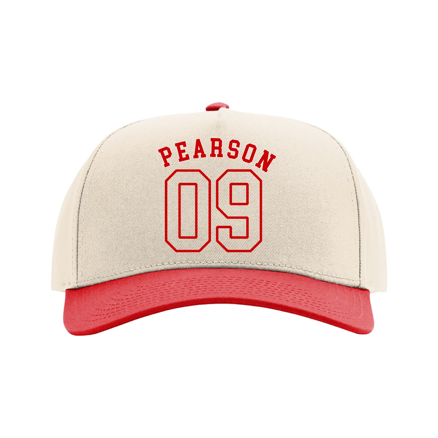 Full Fabric Five-Panel Champ Cap — Shirsey Arch in Cream/Red