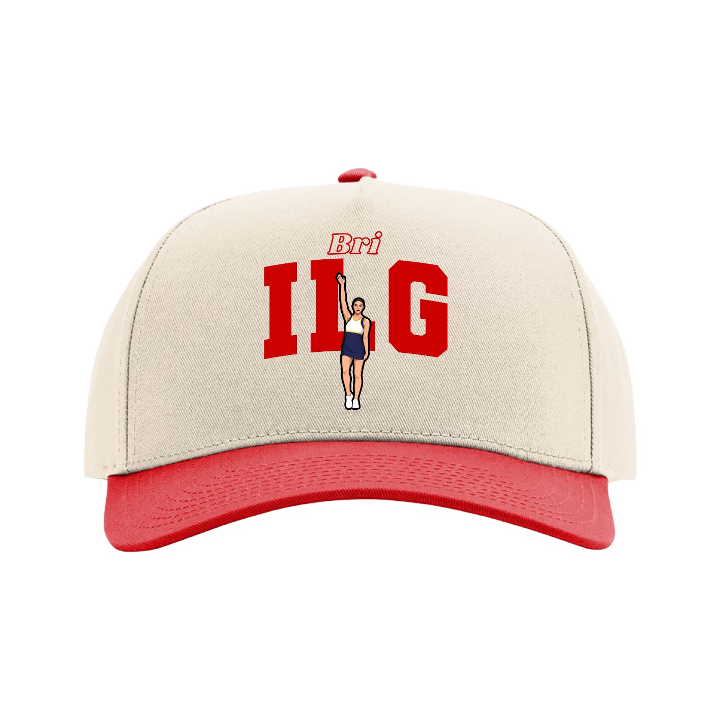 Full Fabric Five-Panel Champ Cap — Name Arch in Cream/Red