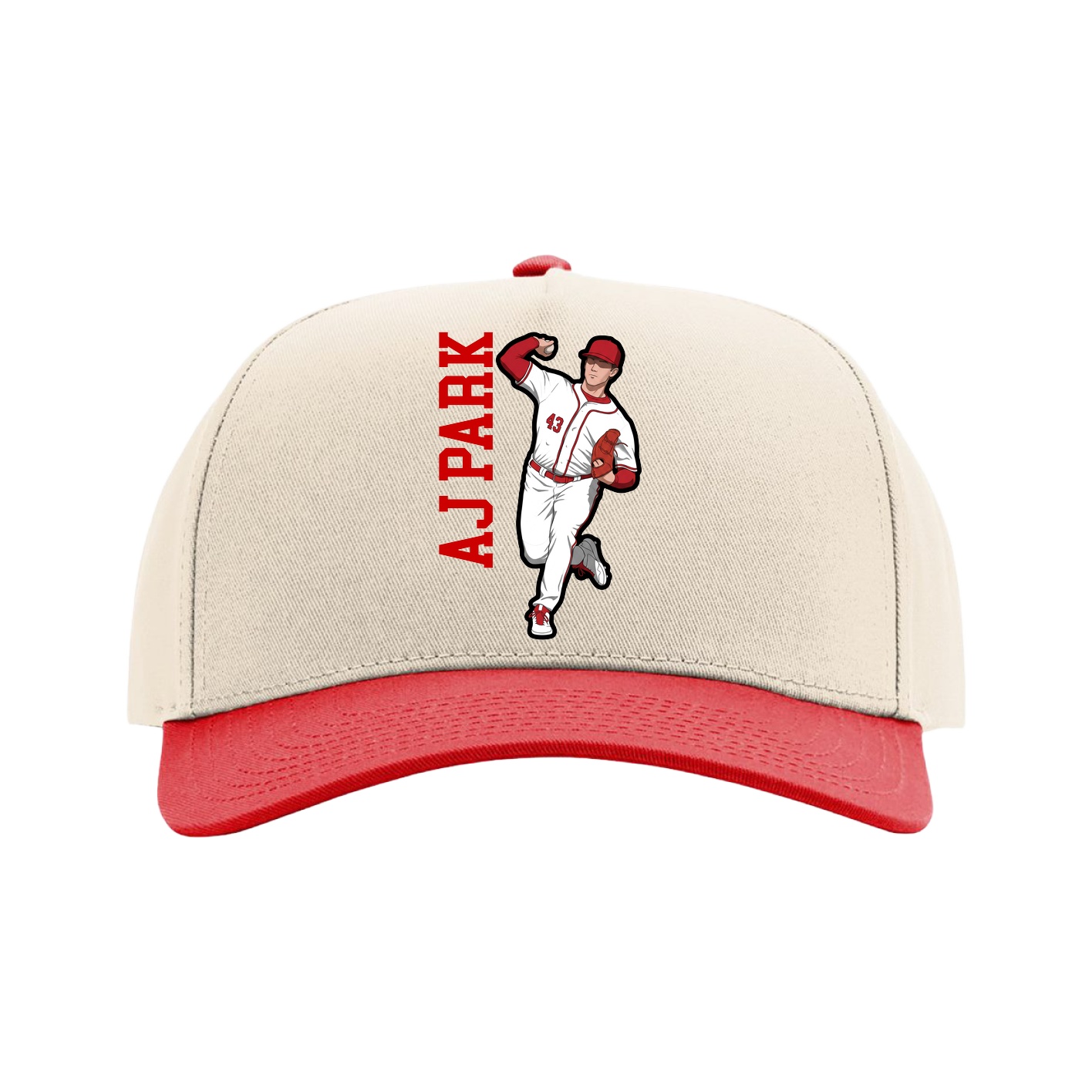 Full Fabric Five-Panel Champ Cap — Name Vertical in Cream/Red