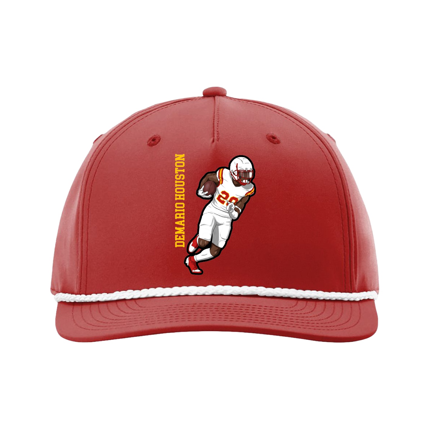 Five-Panel Classic Rope Cap — Name Vertical in Red