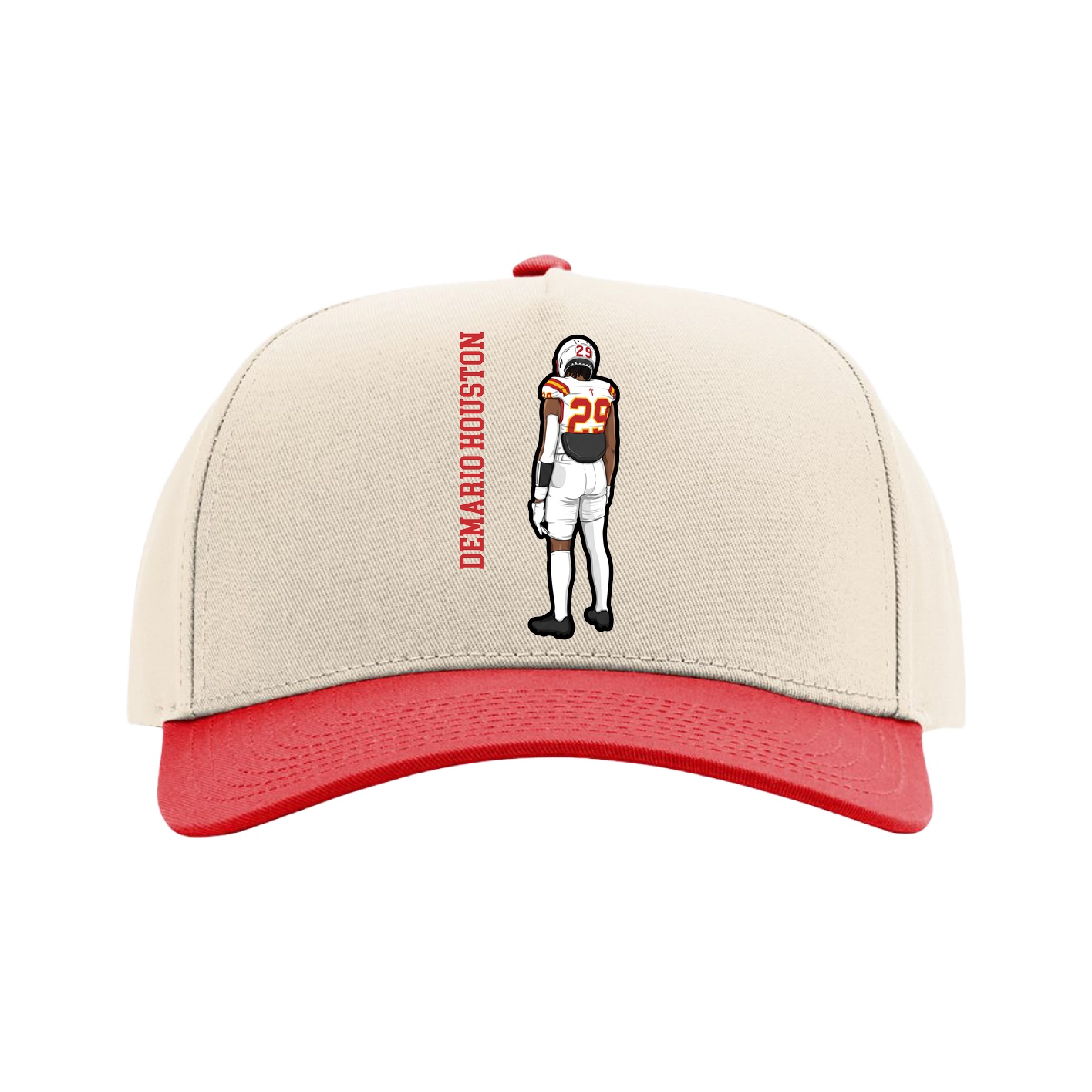 Full Fabric Five-Panel Champ Cap — Name Vertical in Cream/Red