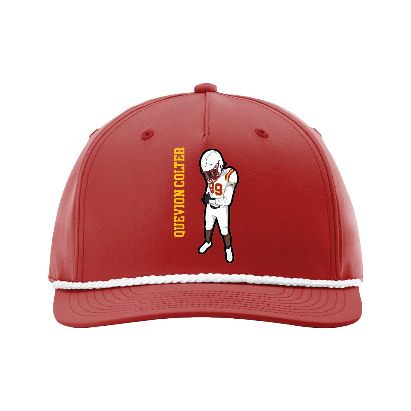 Five-Panel Classic Rope Cap — Name Vertical in Red