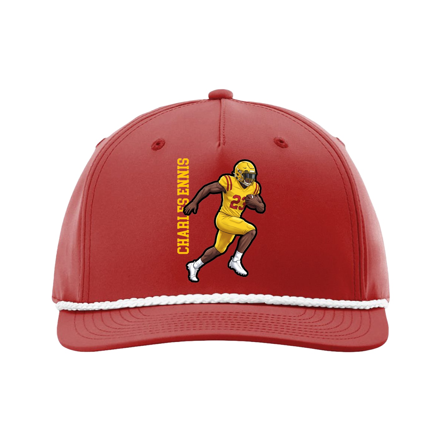 Five-Panel Classic Rope Cap — Name Vertical in Red