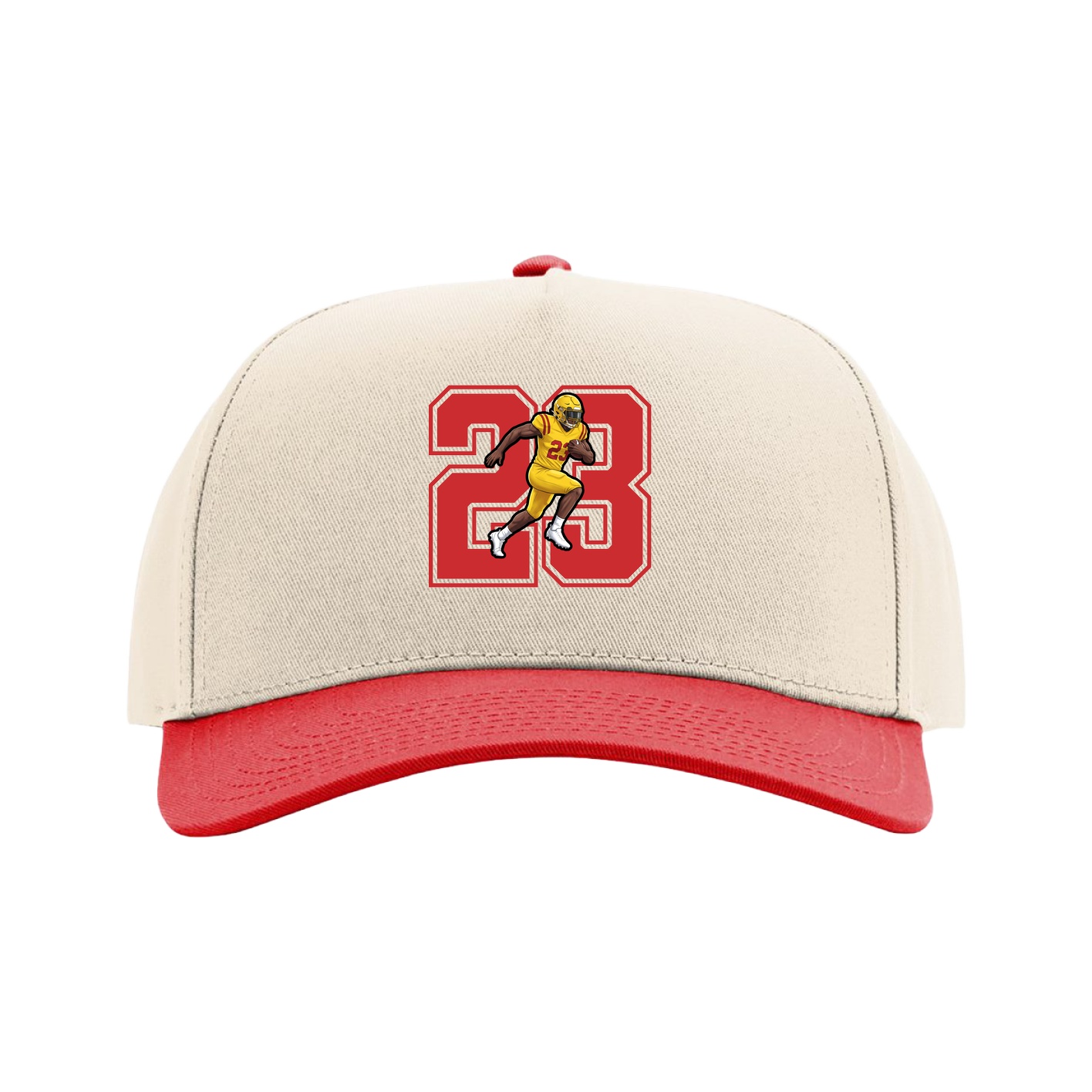 Full Fabric Five-Panel Champ Cap — Number in Cream/Red