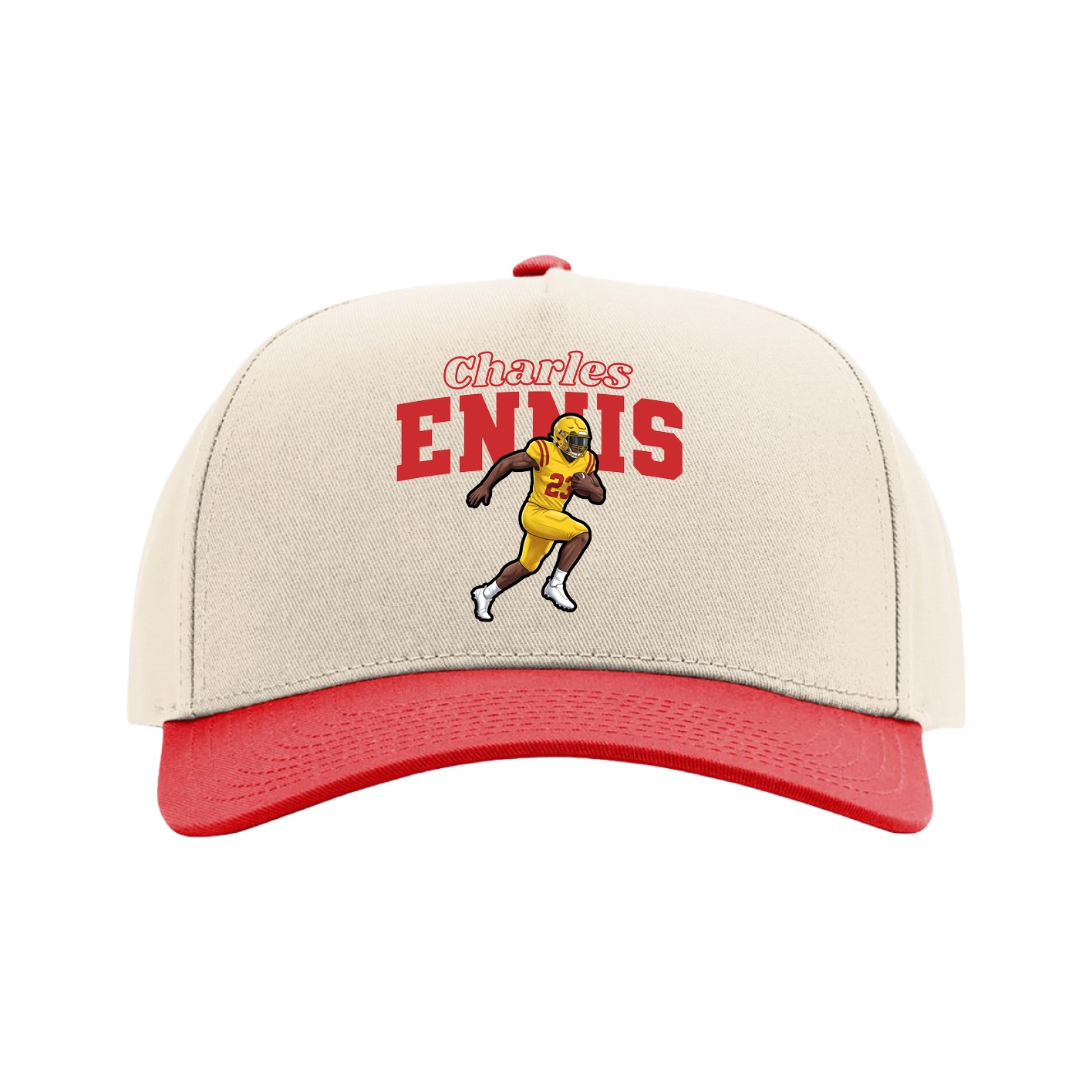 Full Fabric Five-Panel Champ Cap — Name Arch in Cream/Red
