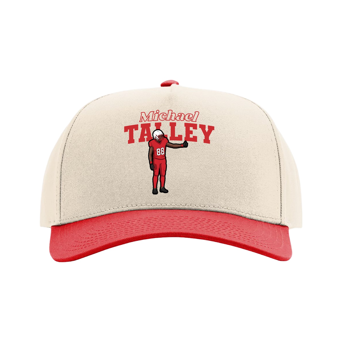 Full Fabric Five-Panel Champ Cap — Name Arch in Cream/Red