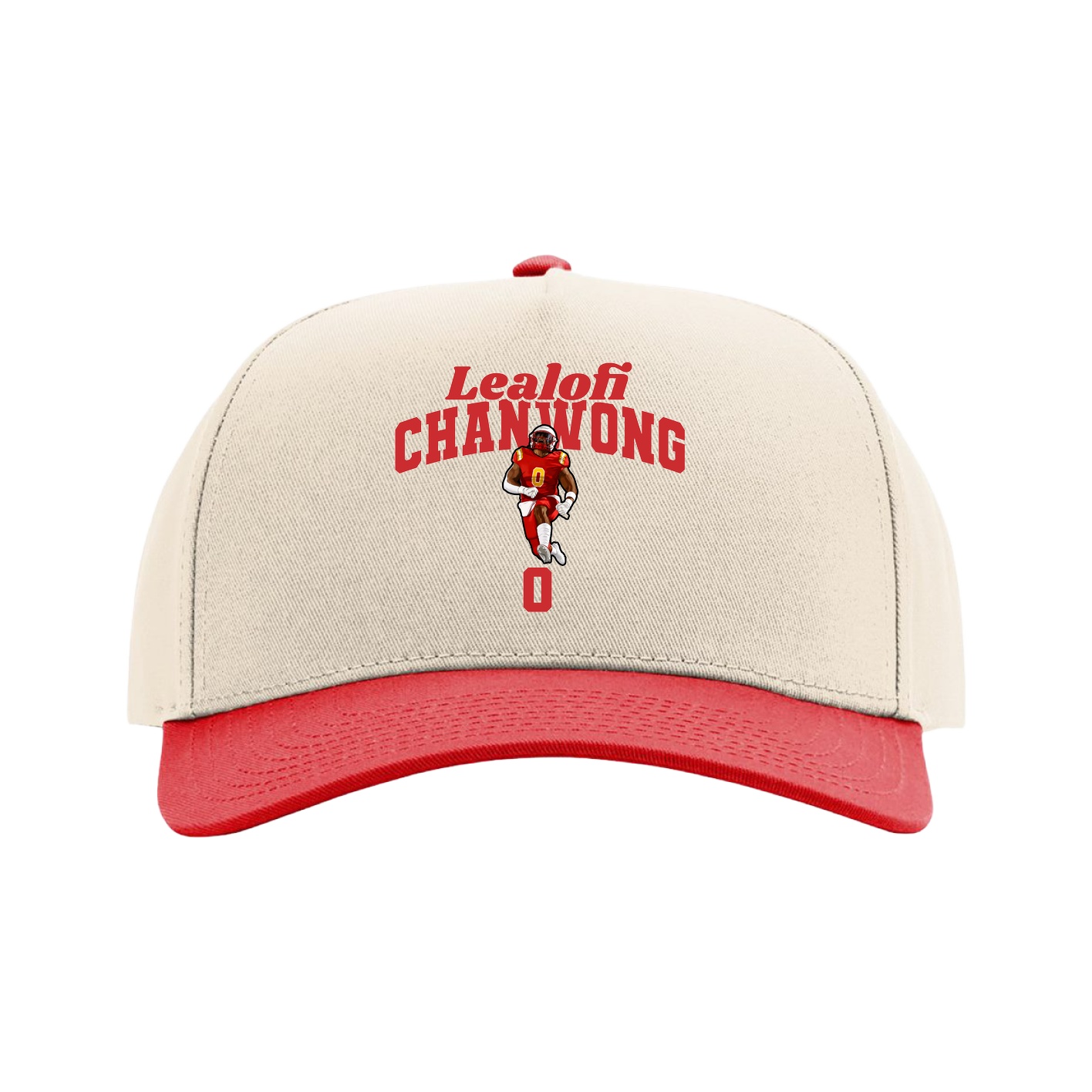 Full Fabric Five-Panel Champ Cap — Signature Arch in Cream/Red