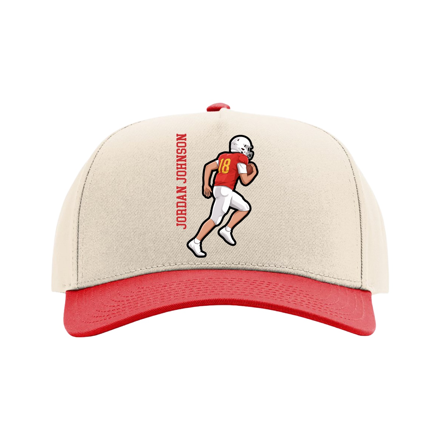 Full Fabric Five-Panel Champ Cap — Name Vertical in Cream/Red