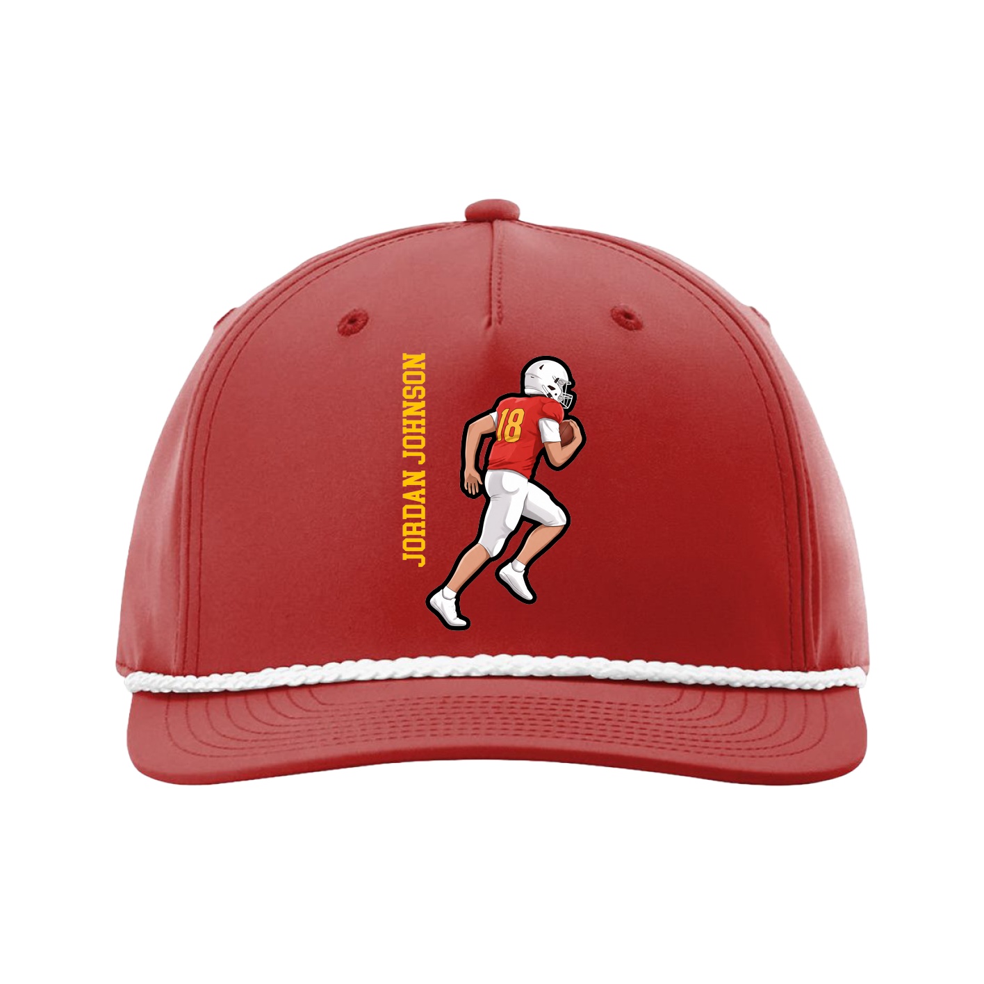 Five-Panel Classic Rope Cap — Name Vertical in Red