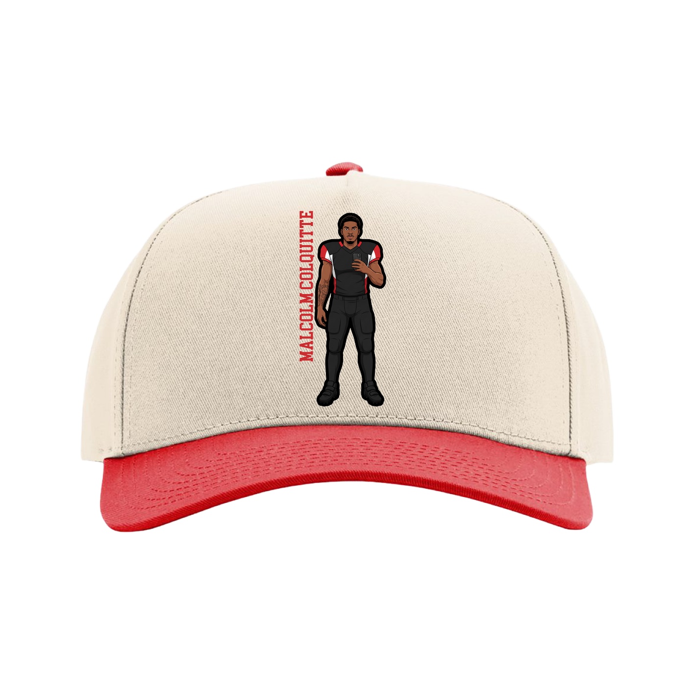 Full Fabric Five-Panel Champ Cap — Name Vertical in Cream/Red