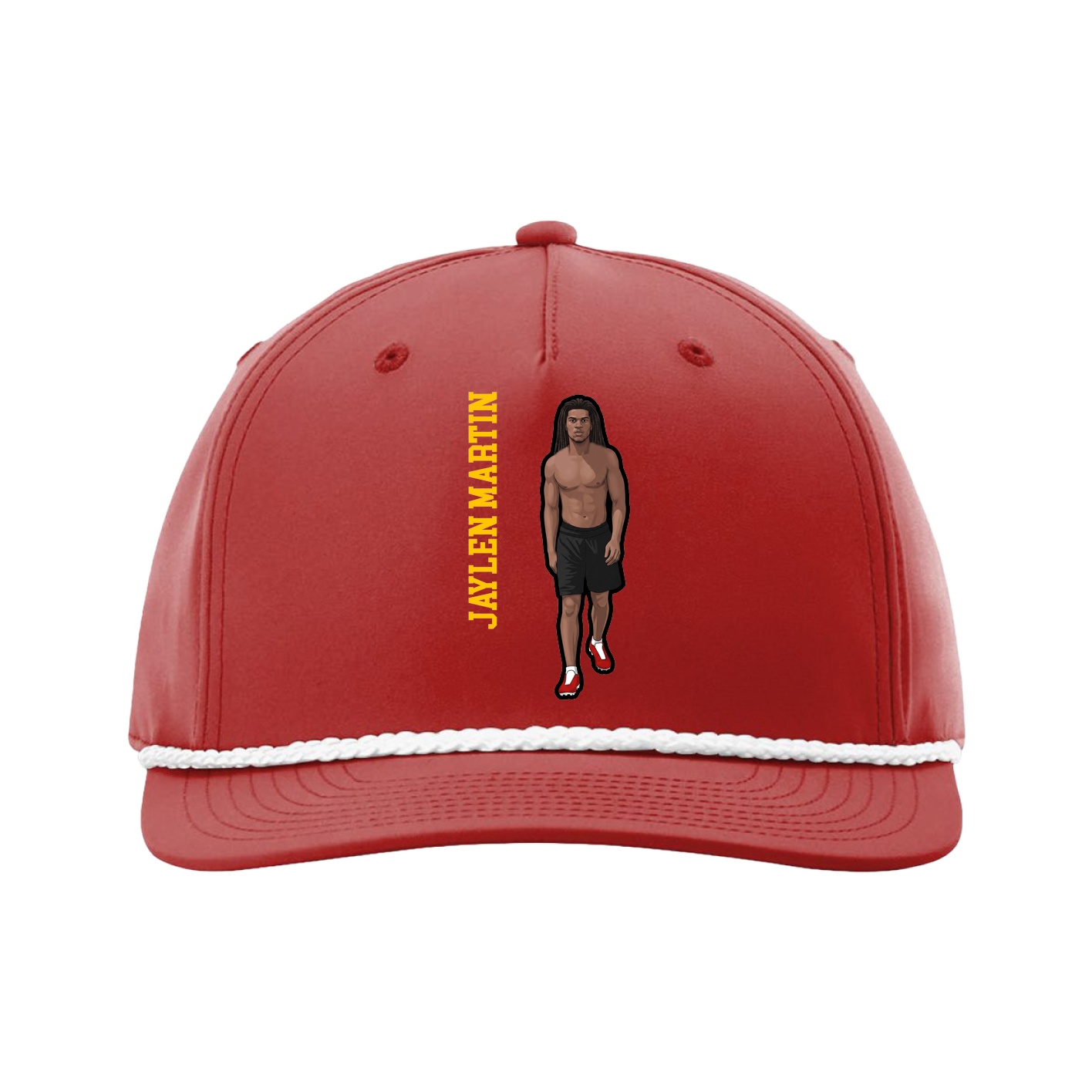 Five-Panel Classic Rope Cap — Name Vertical in Red