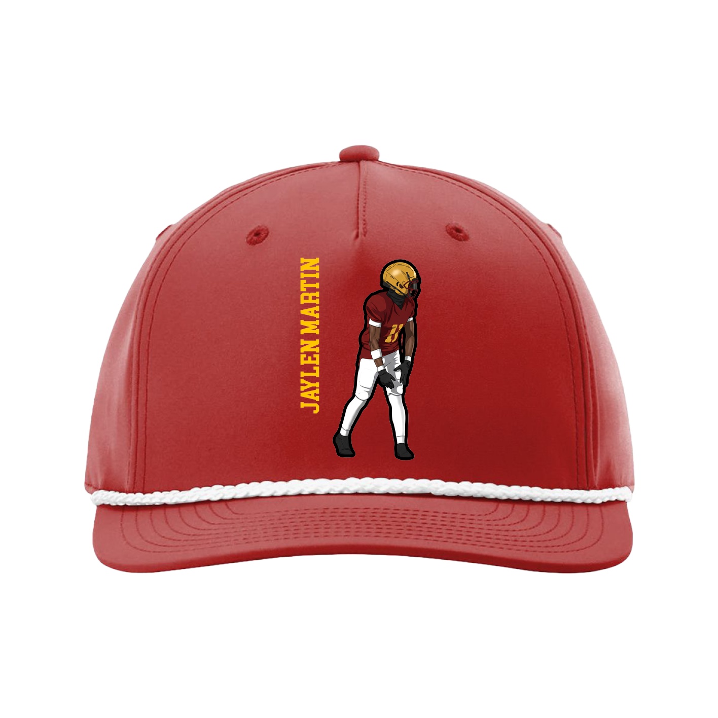 Five-Panel Classic Rope Cap — Name Vertical in Red