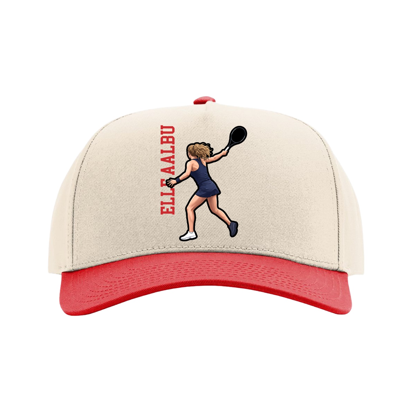 Full Fabric Five-Panel Champ Cap — Name Vertical in Cream/Red