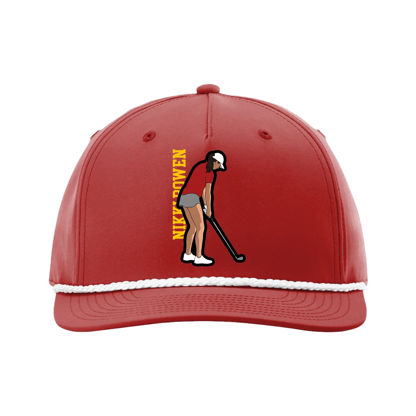 Five-Panel Classic Rope Cap — Name Vertical in Red