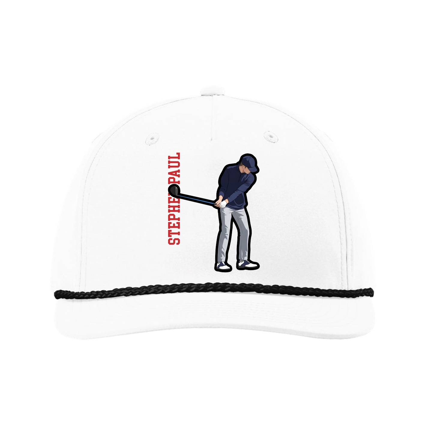 Five-Panel Classic Rope Cap — Name Vertical in White