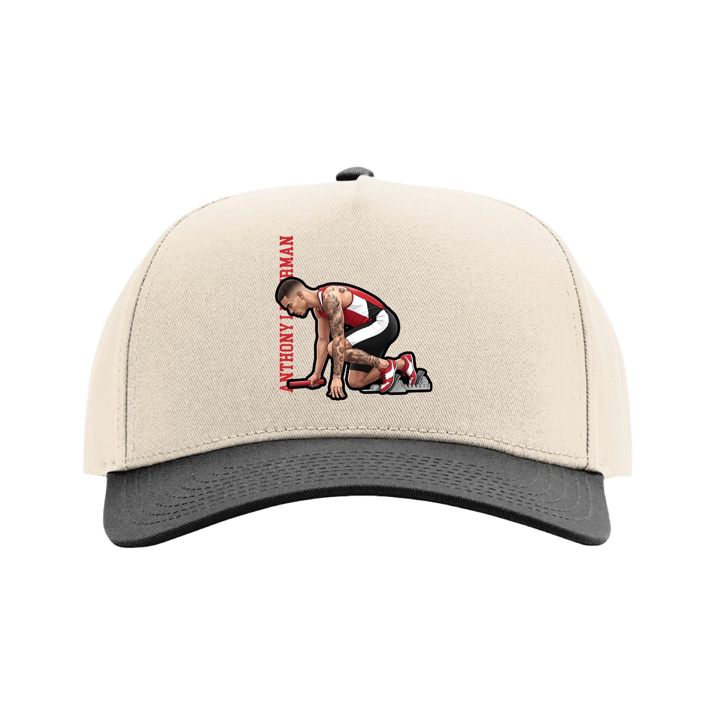 Full Fabric Five-Panel Champ Cap — Name Vertical in Cream/Black