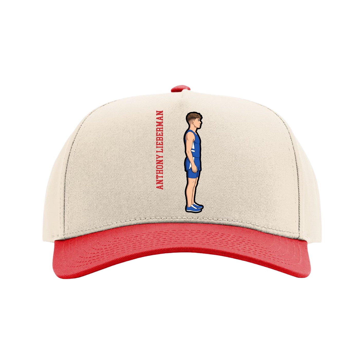 Full Fabric Five-Panel Champ Cap — Name Vertical in Cream/Red