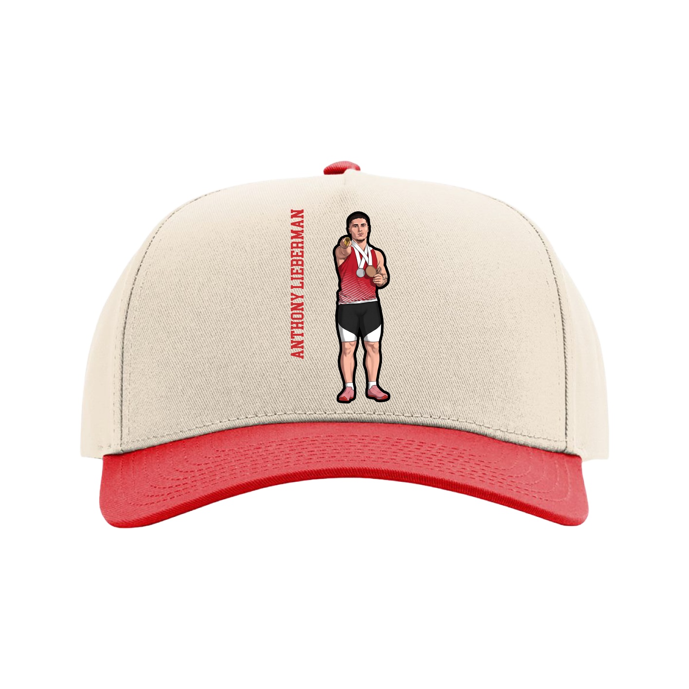 Full Fabric Five-Panel Champ Cap — Name Vertical in Cream/Red