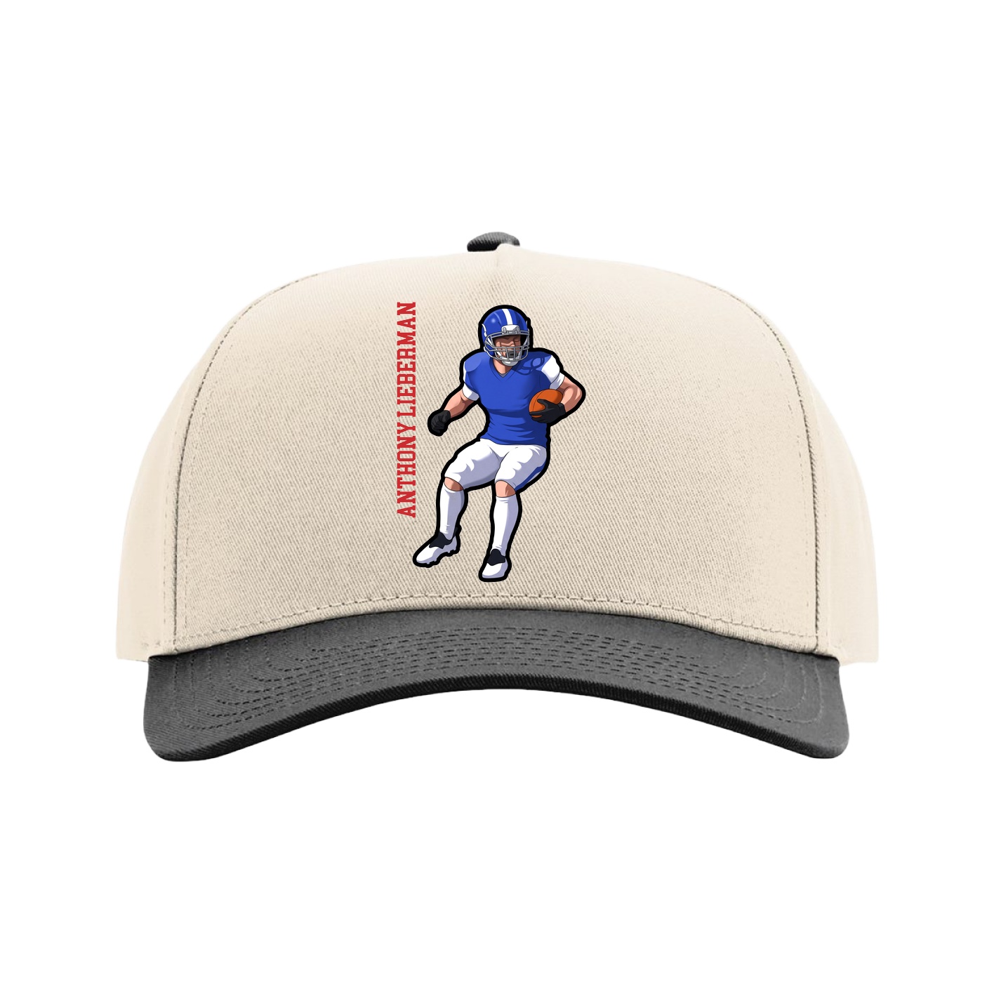 Full Fabric Five-Panel Champ Cap — Name Vertical in Cream/Black