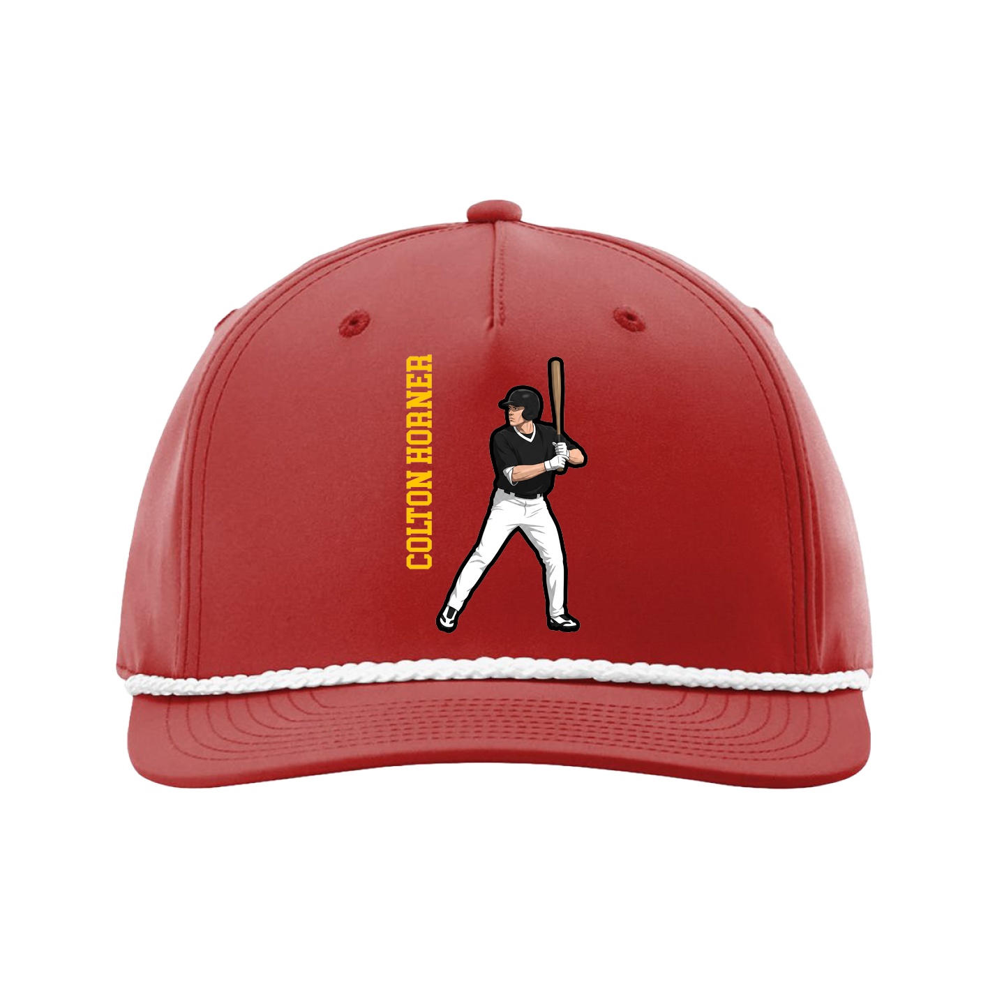 Five-Panel Classic Rope Cap — Name Vertical in Red