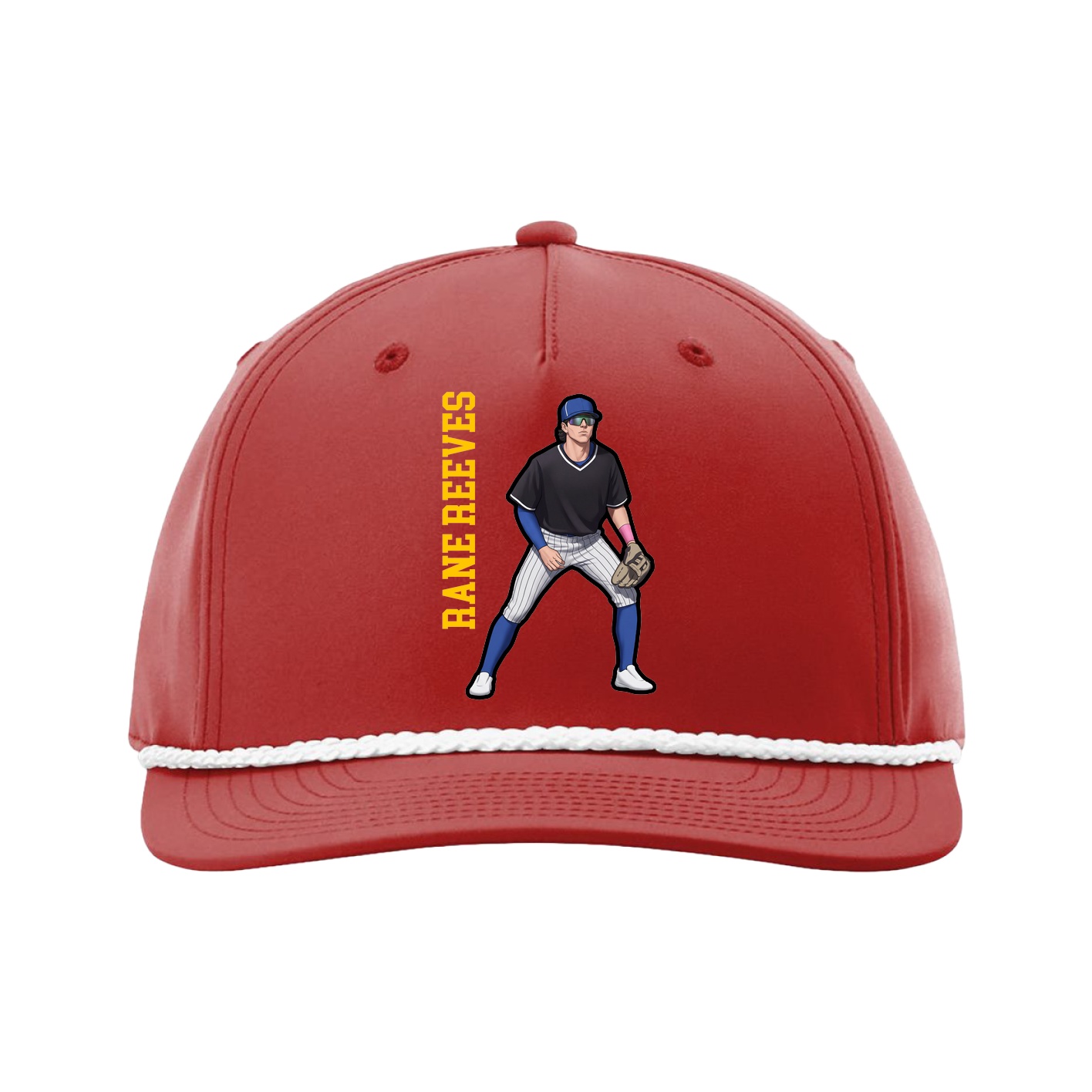 Five-Panel Classic Rope Cap — Name Vertical in Red