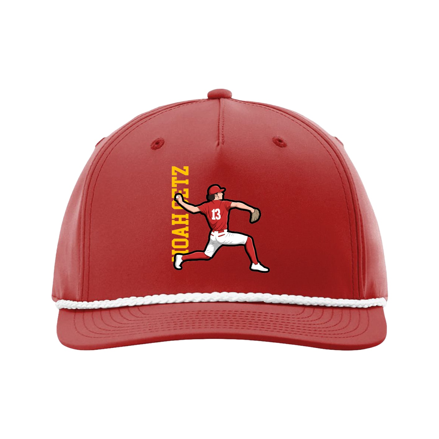 Five-Panel Classic Rope Cap — Name Vertical in Red