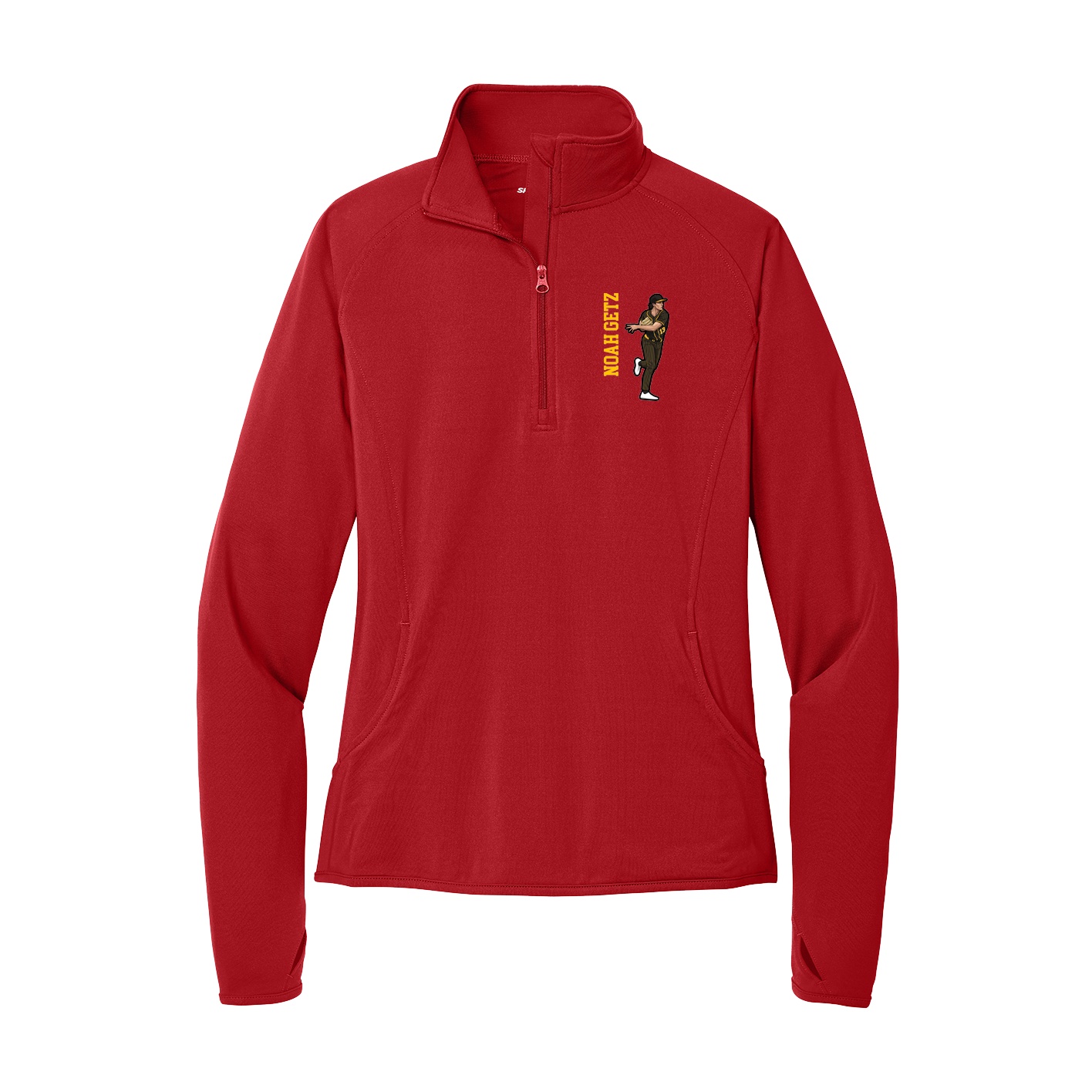 Women's Q-Zip Pullover — Name Vertical in Red