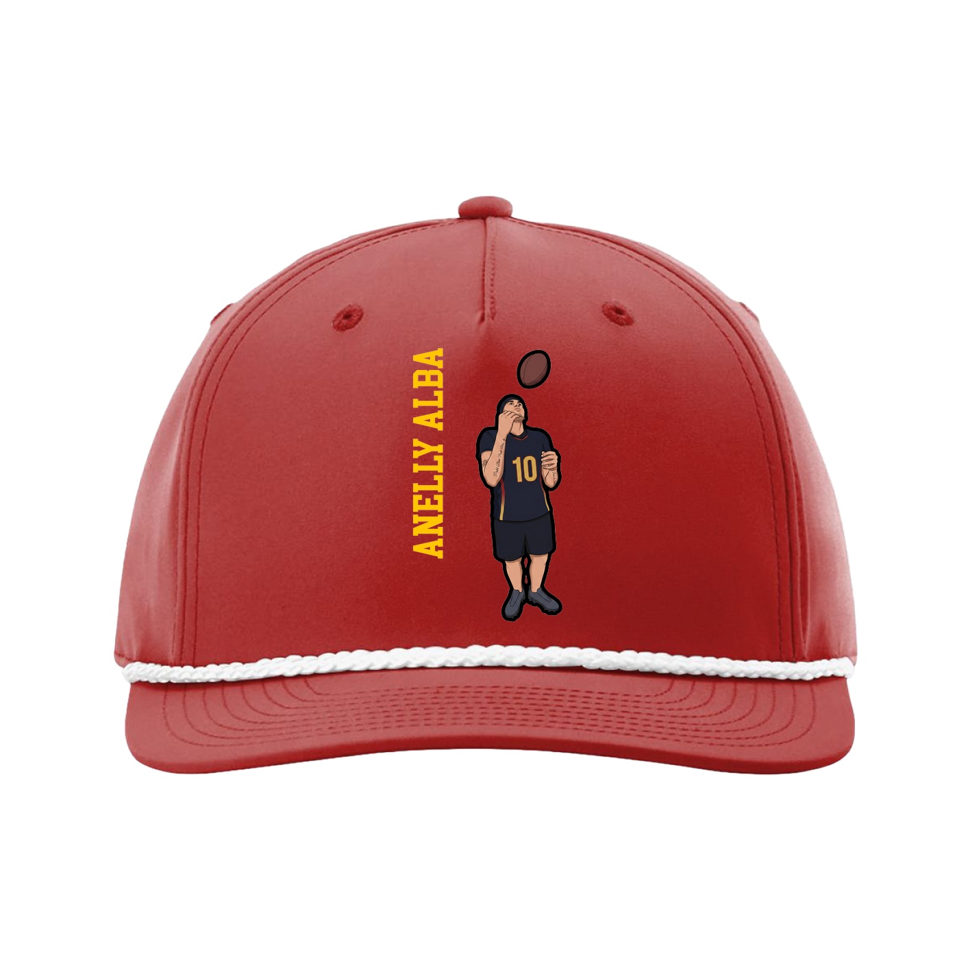Five-Panel Classic Rope Cap — Name Vertical in Red