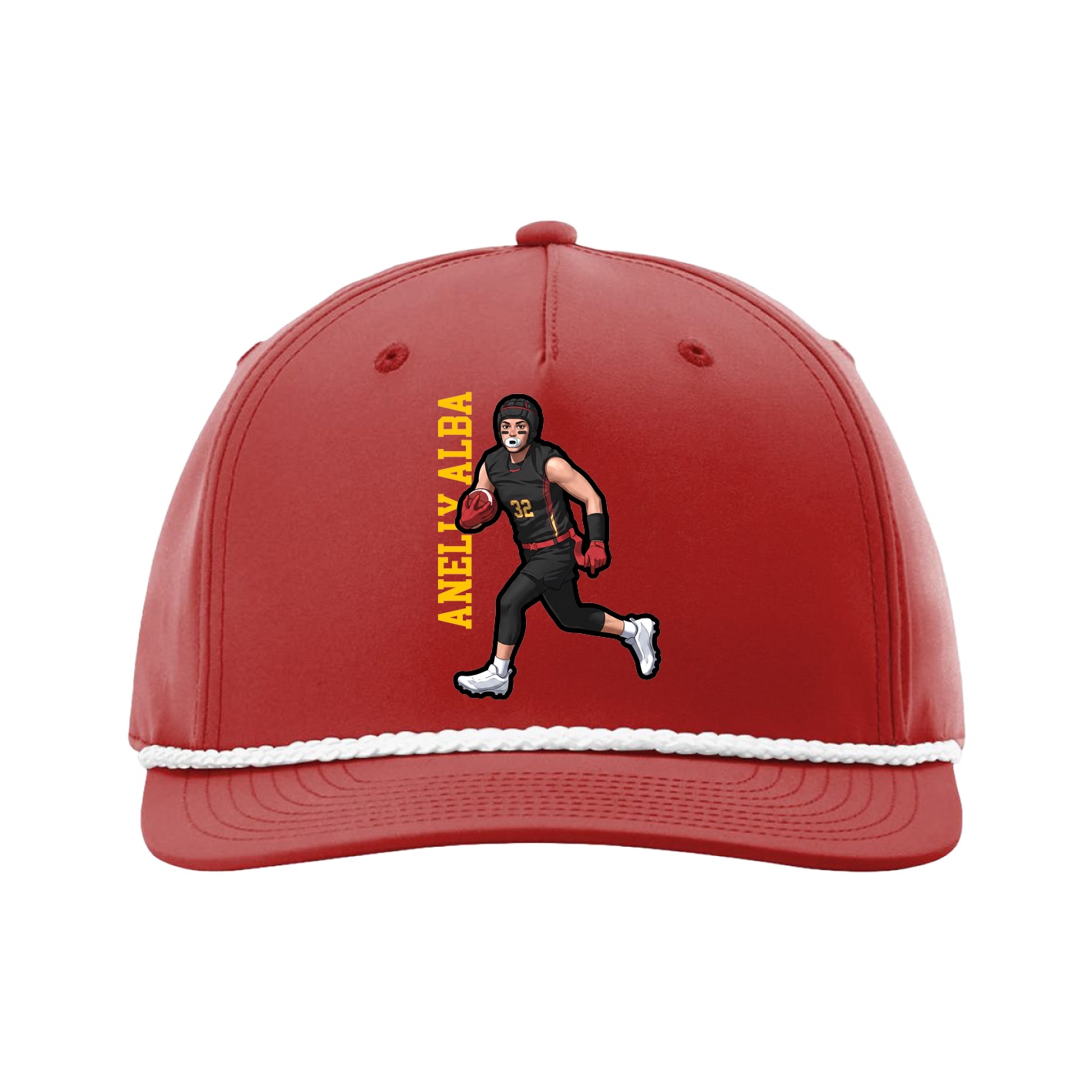 Five-Panel Classic Rope Cap — Name Vertical in Red