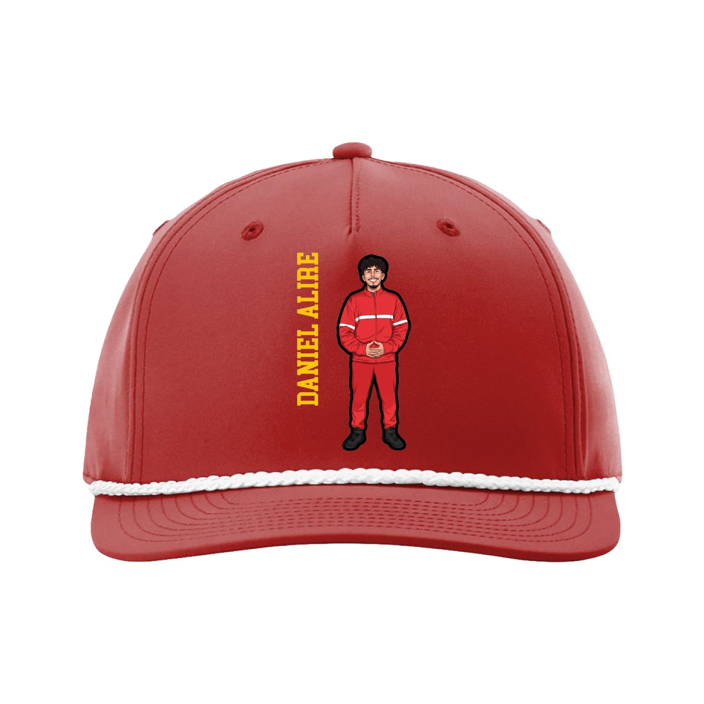 Five-Panel Classic Rope Cap — Name Vertical in Red
