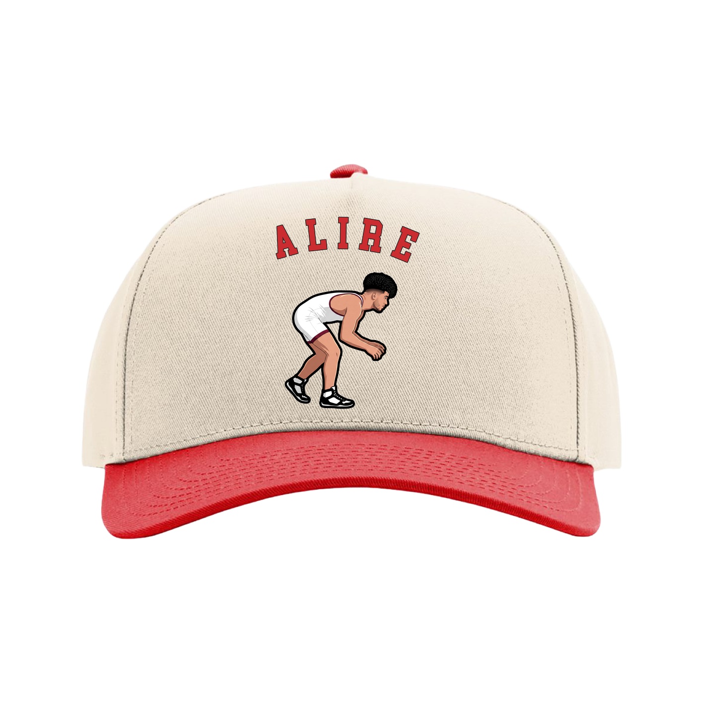 Full Fabric Five-Panel Champ Cap — Shirsey Arch in Cream/Red