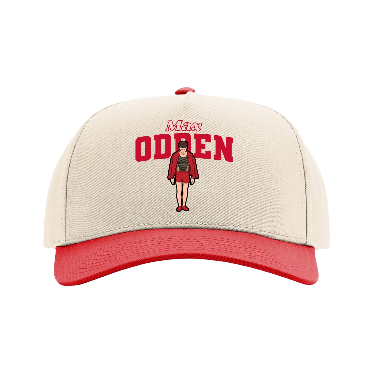 Full Fabric Five-Panel Champ Cap — Name Arch in Cream/Red