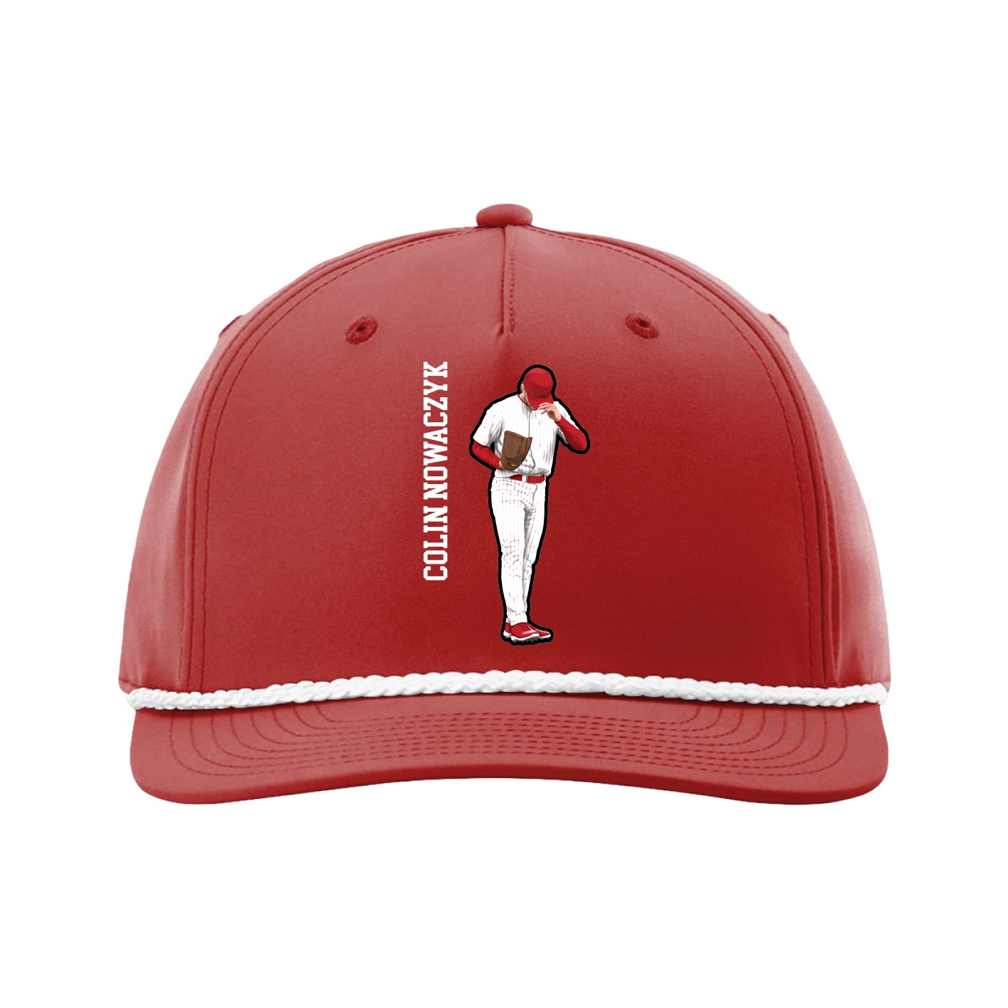 Five-Panel Classic Rope Cap — Name Vertical in Red
