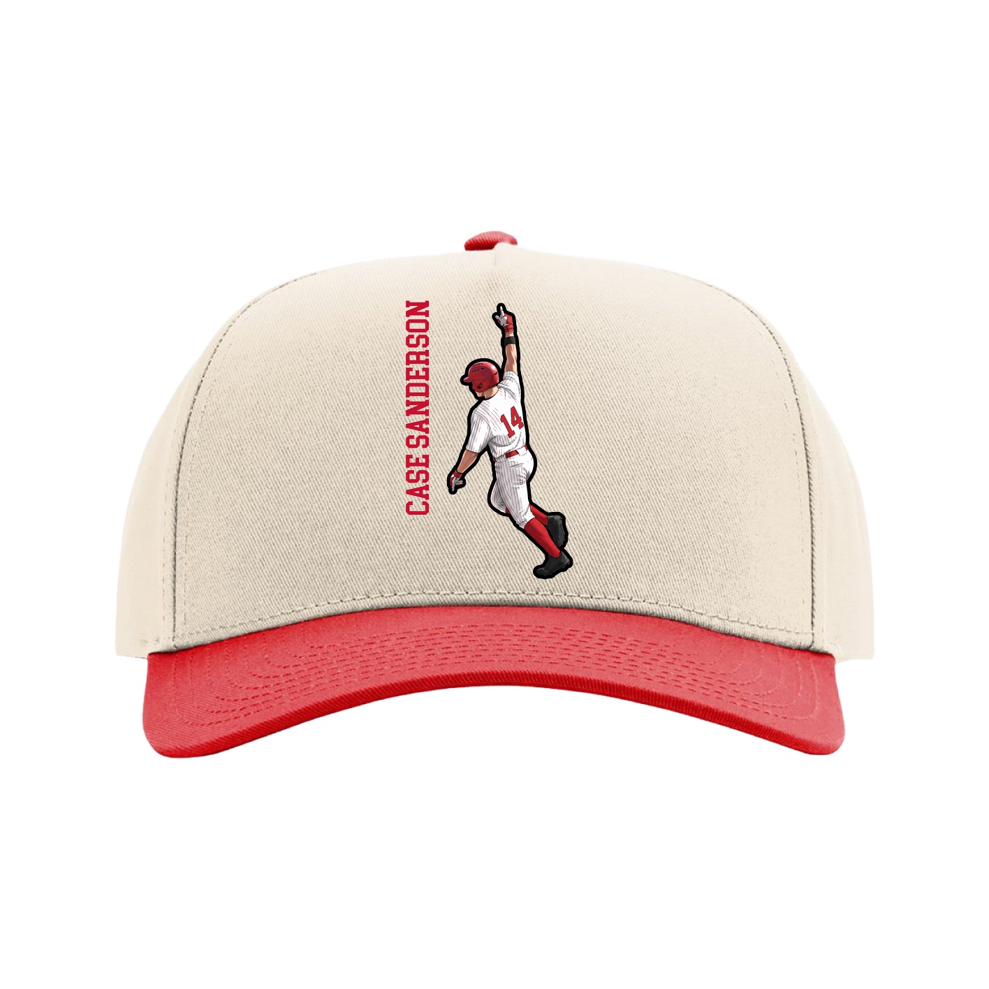 Full Fabric Five-Panel Champ Cap — Name Vertical in Cream/Red