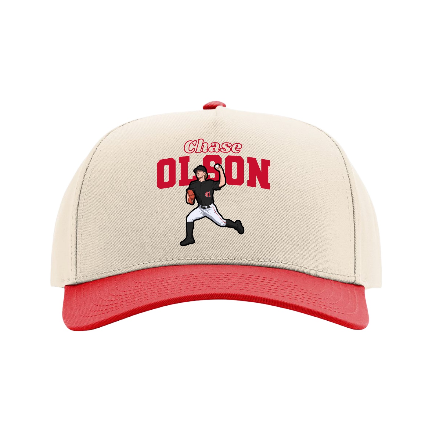 Full Fabric Five-Panel Champ Cap — Name Arch in Cream/Red