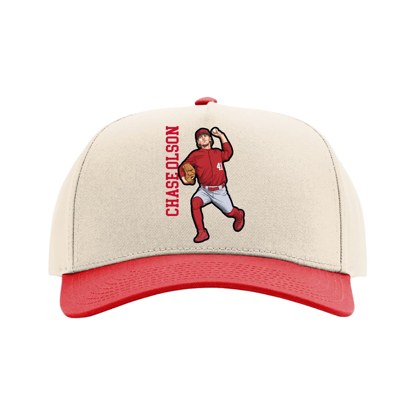 Full Fabric Five-Panel Champ Cap — Name Vertical in Cream/Red
