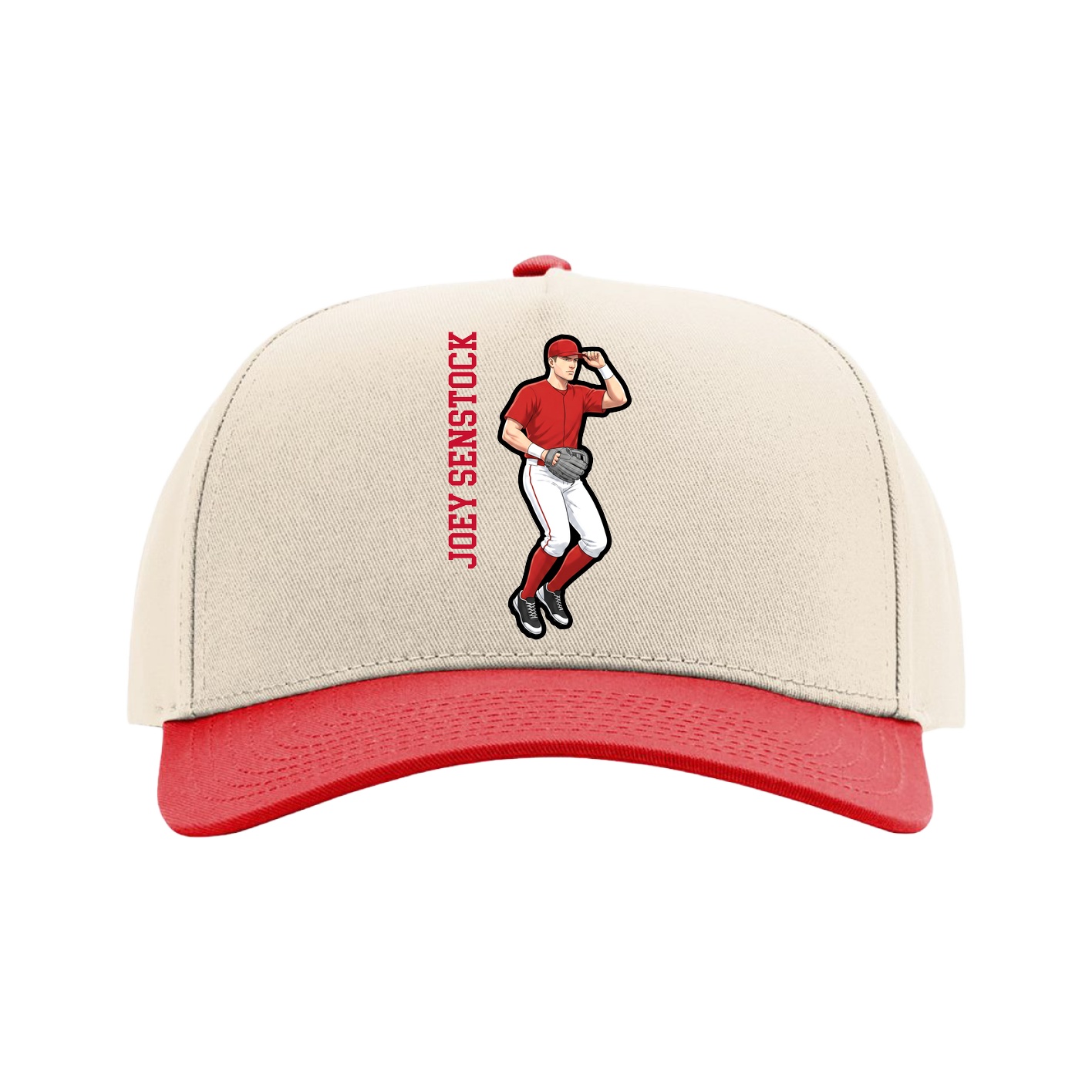 Full Fabric Five-Panel Champ Cap — Name Vertical in Cream/Red