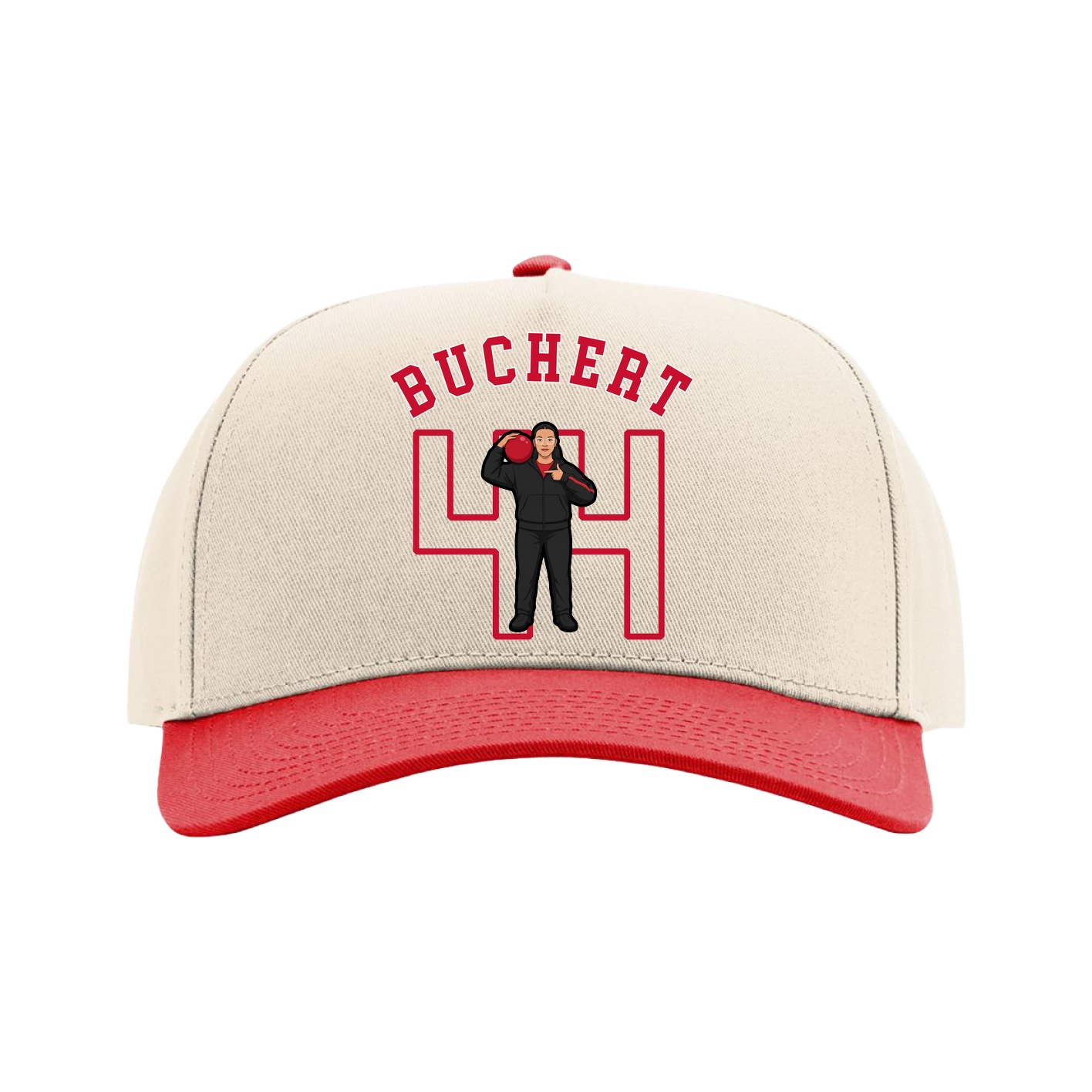 Full Fabric Five-Panel Champ Cap — Shirsey Arch in Cream/Red
