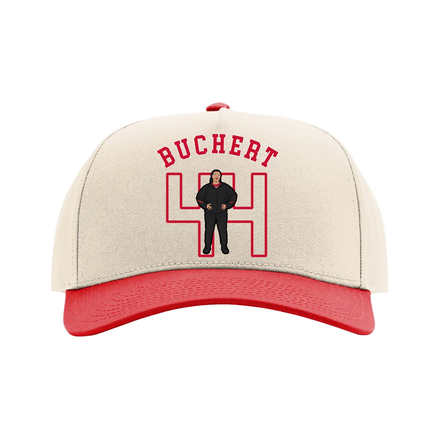 Full Fabric Five-Panel Champ Cap — Shirsey Arch in Cream/Red