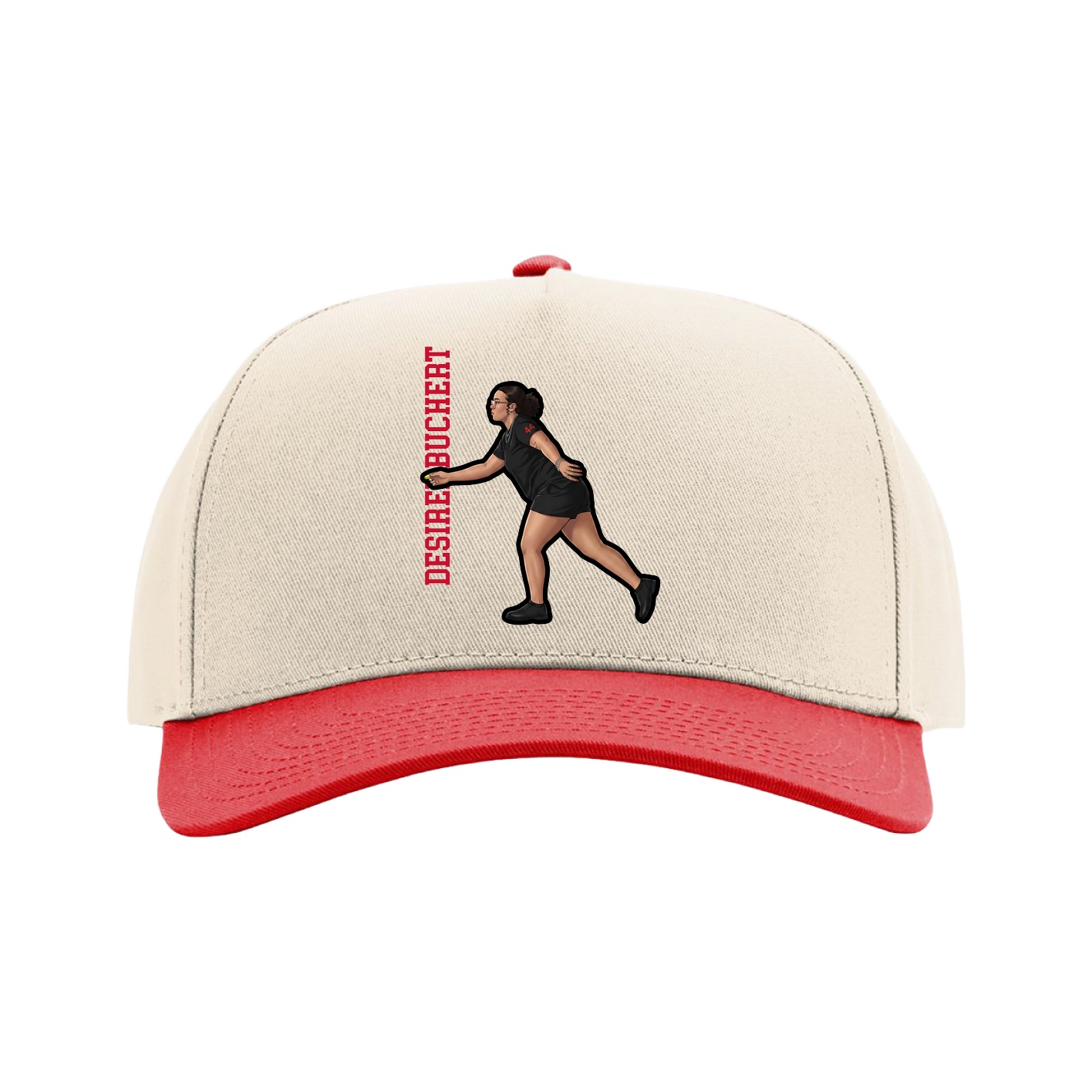 Full Fabric Five-Panel Champ Cap — Name Vertical in Cream/Red