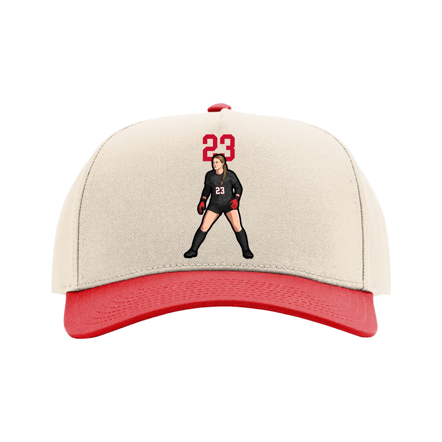 Full Fabric Five-Panel Champ Cap — Number Top in Cream/Red