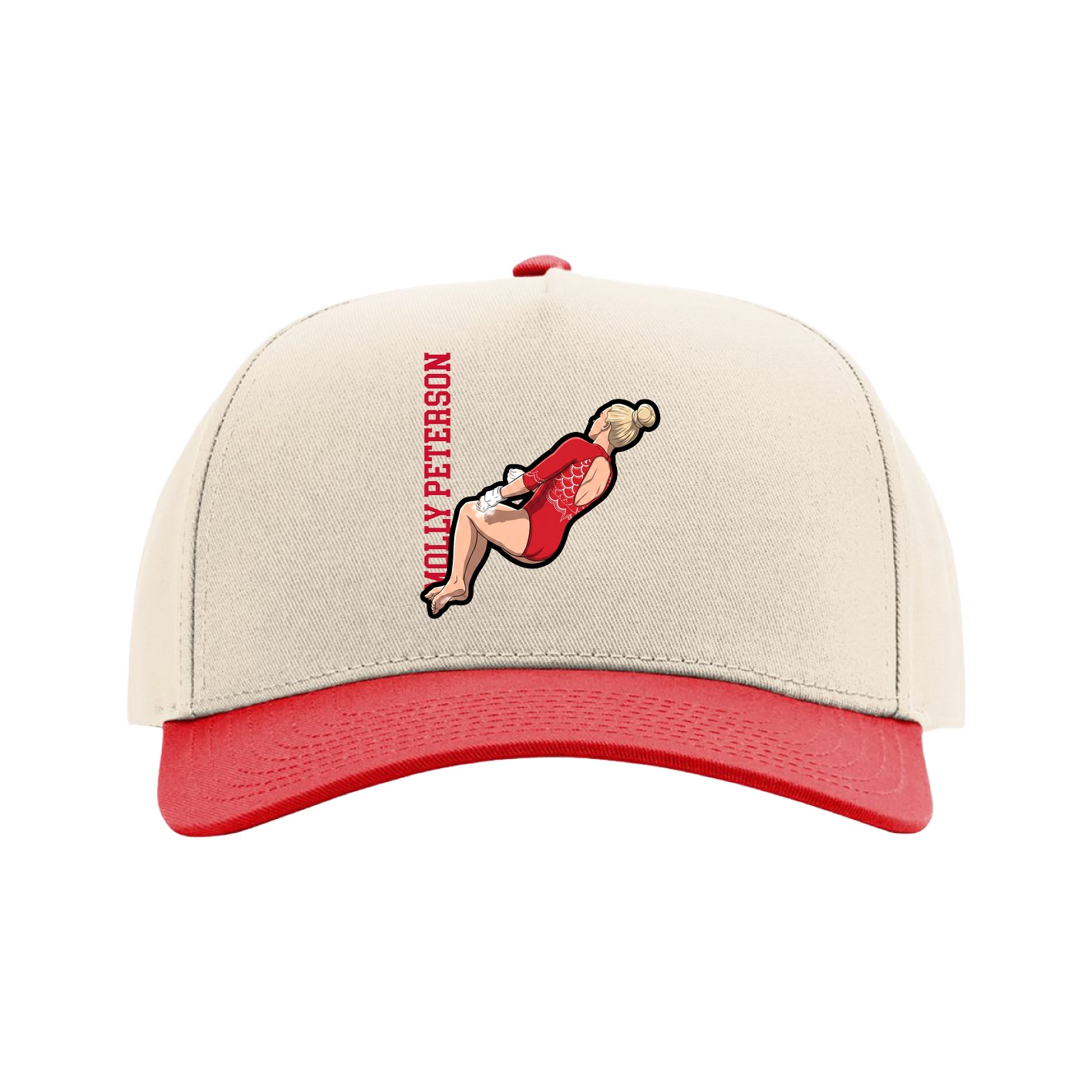 Full Fabric Five-Panel Champ Cap — Name Vertical in Cream/Red