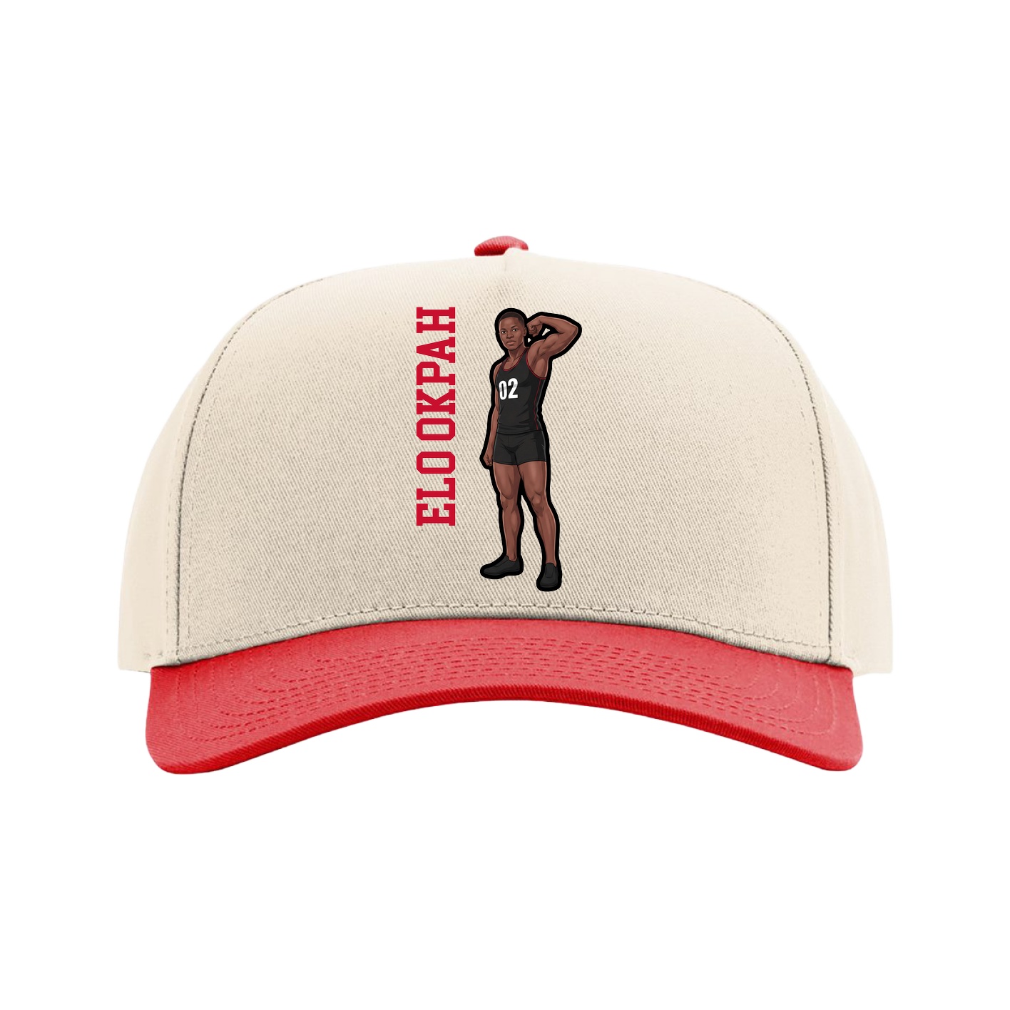 Full Fabric Five-Panel Champ Cap — Name Vertical in Cream/Red