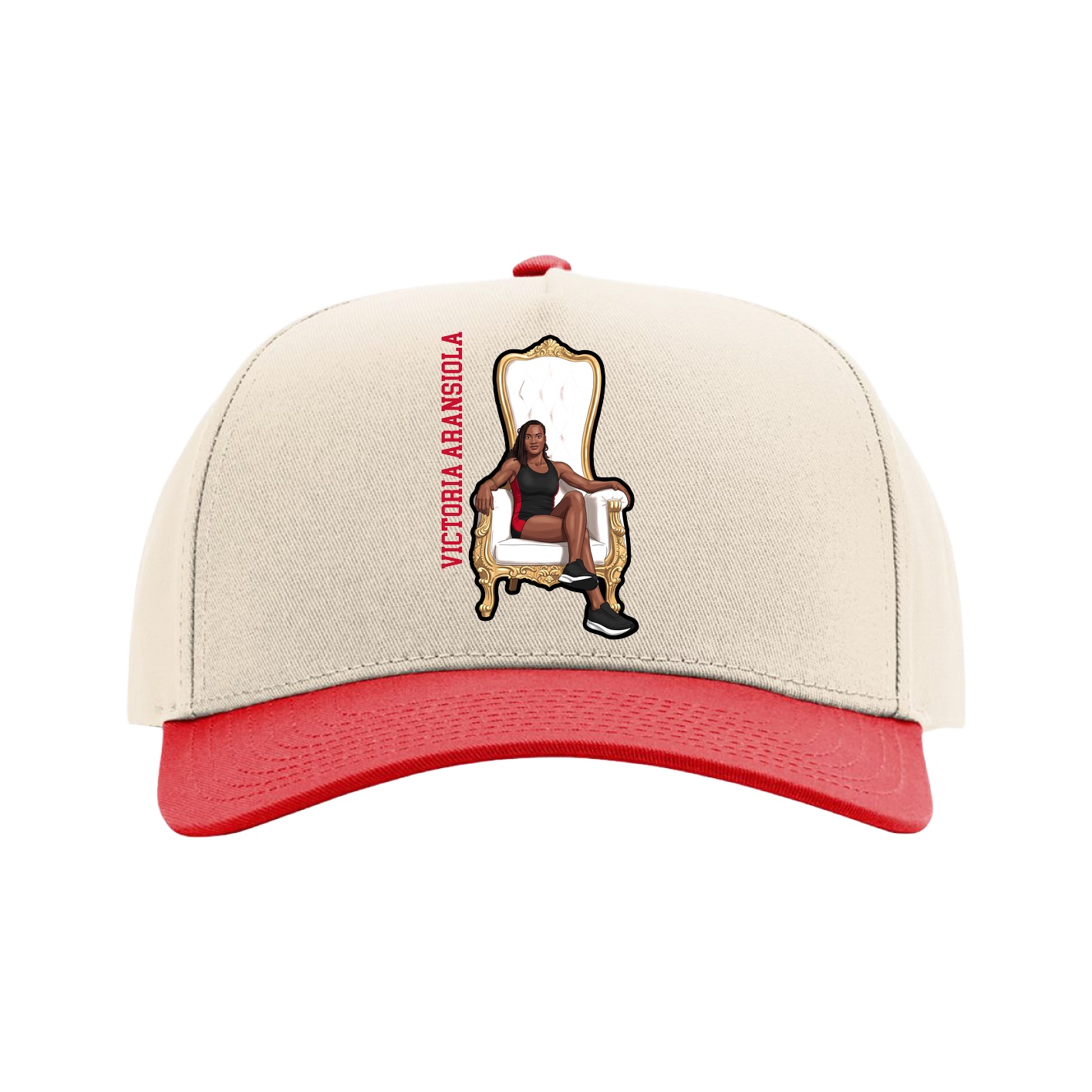 Full Fabric Five-Panel Champ Cap — Name Vertical in Cream/Red