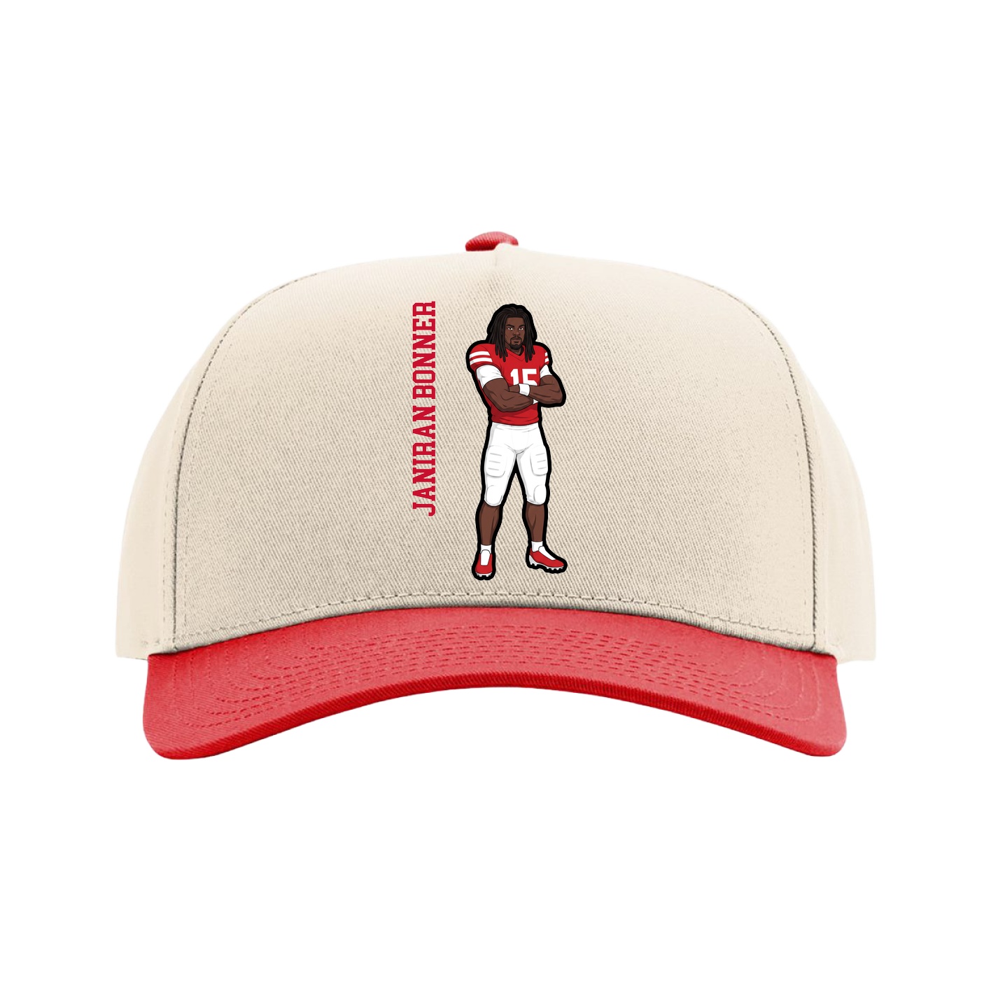 Full Fabric Five-Panel Champ Cap — Name Vertical in Cream/Red