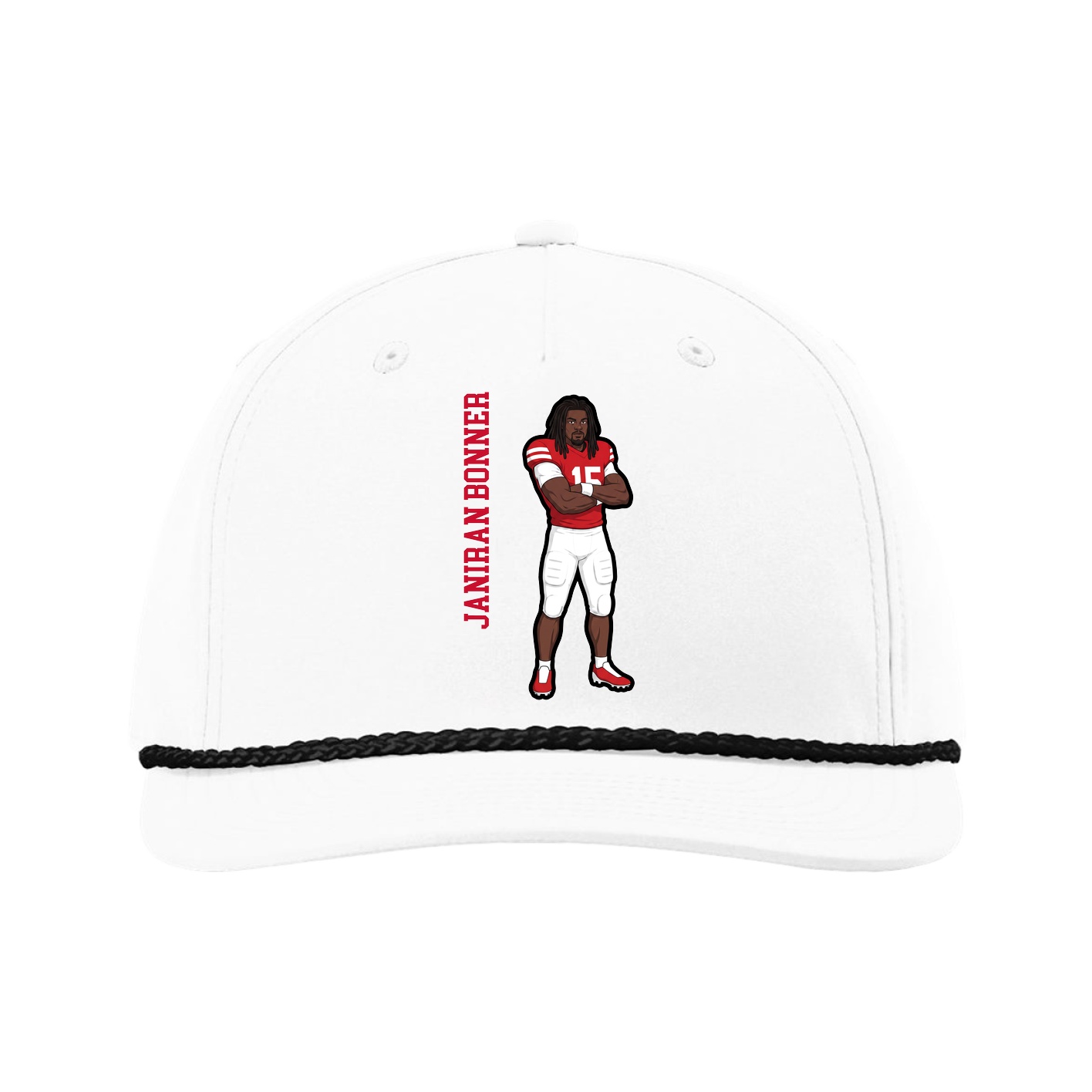 Five-Panel Classic Rope Cap — Name Vertical in White
