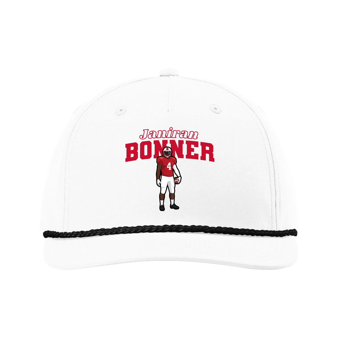 Five-Panel Classic Rope Cap — Name Arch in White