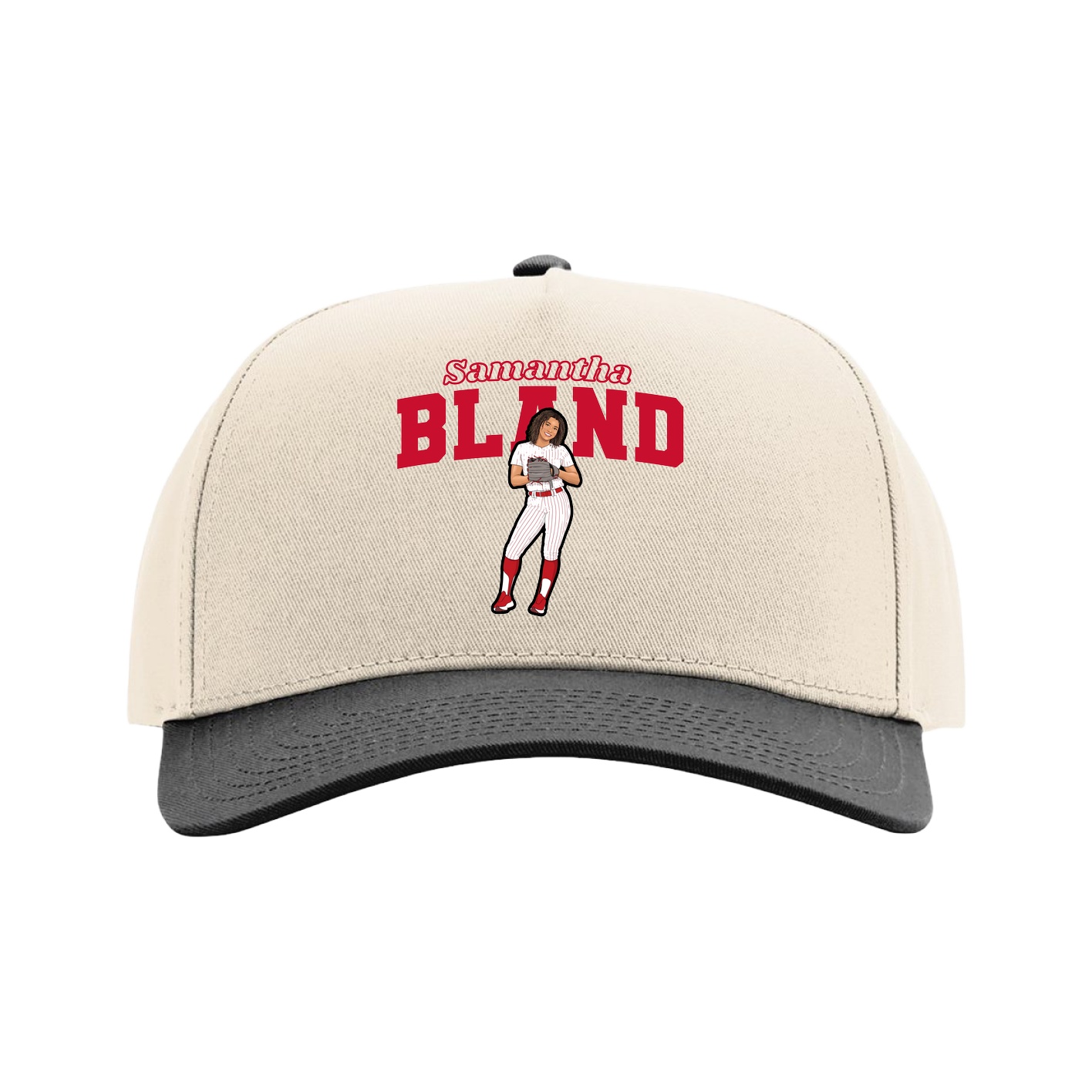 Full Fabric Five-Panel Champ Cap — Name Arch in Cream/Black